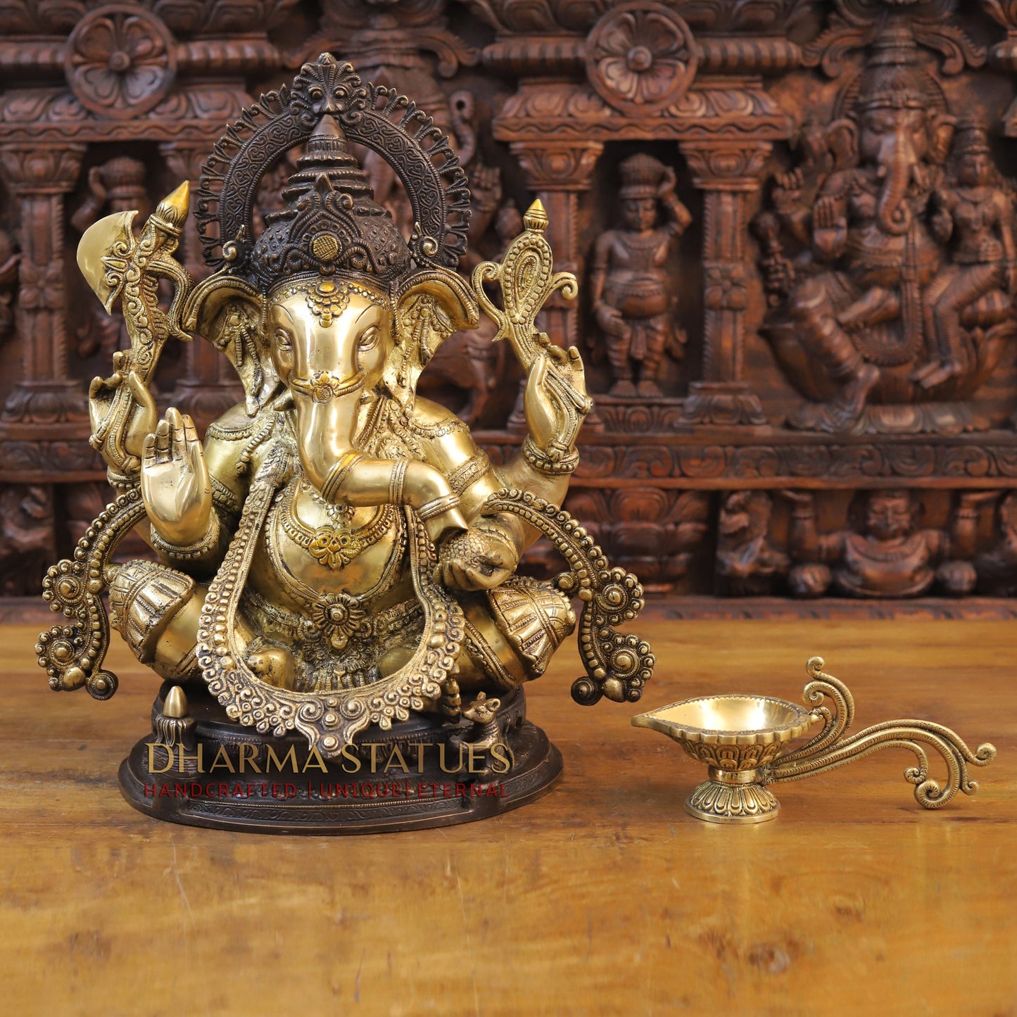 Brass Ganesh Statue, Fine Golden and Brown Finish 19.5"