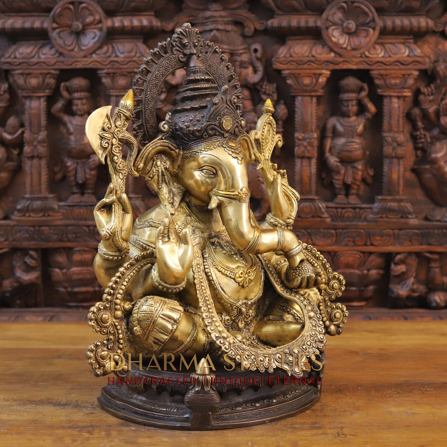 Brass Ganesh Statue, Fine Golden and Brown Finish 19.5"