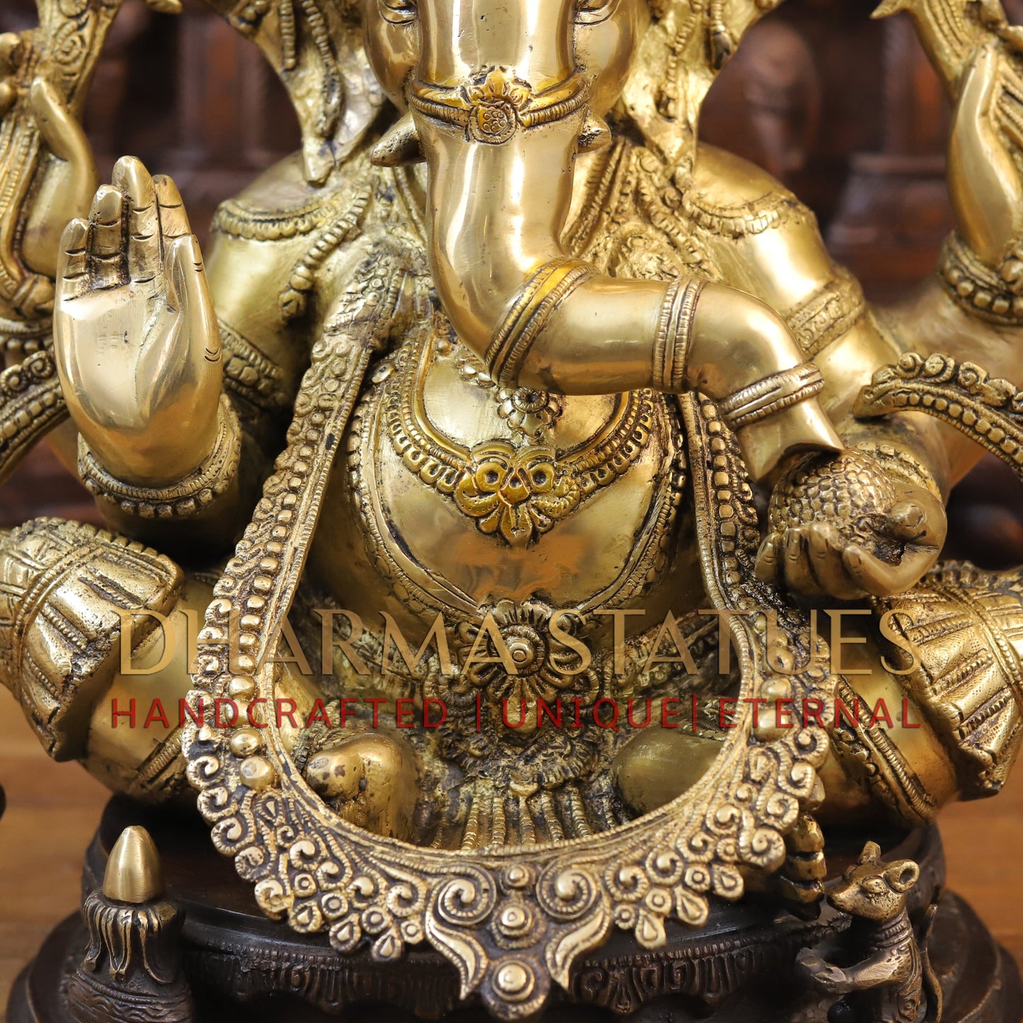 Brass Ganesh Statue, Fine Golden and Brown Finish 19.5"