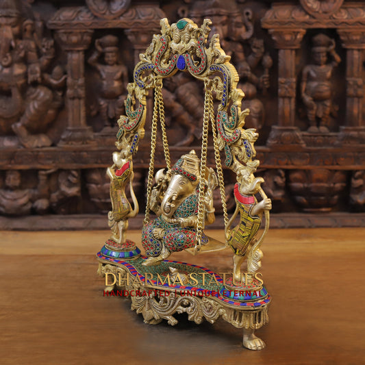 Brass Ganesh on Swing, Blessing Posture, Golden & Stonework, 18"