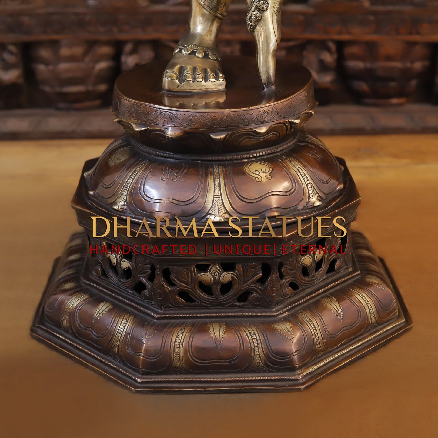 Brass Krishna playing Flute on Pedestal, Golden  & Copper Finish, 45"