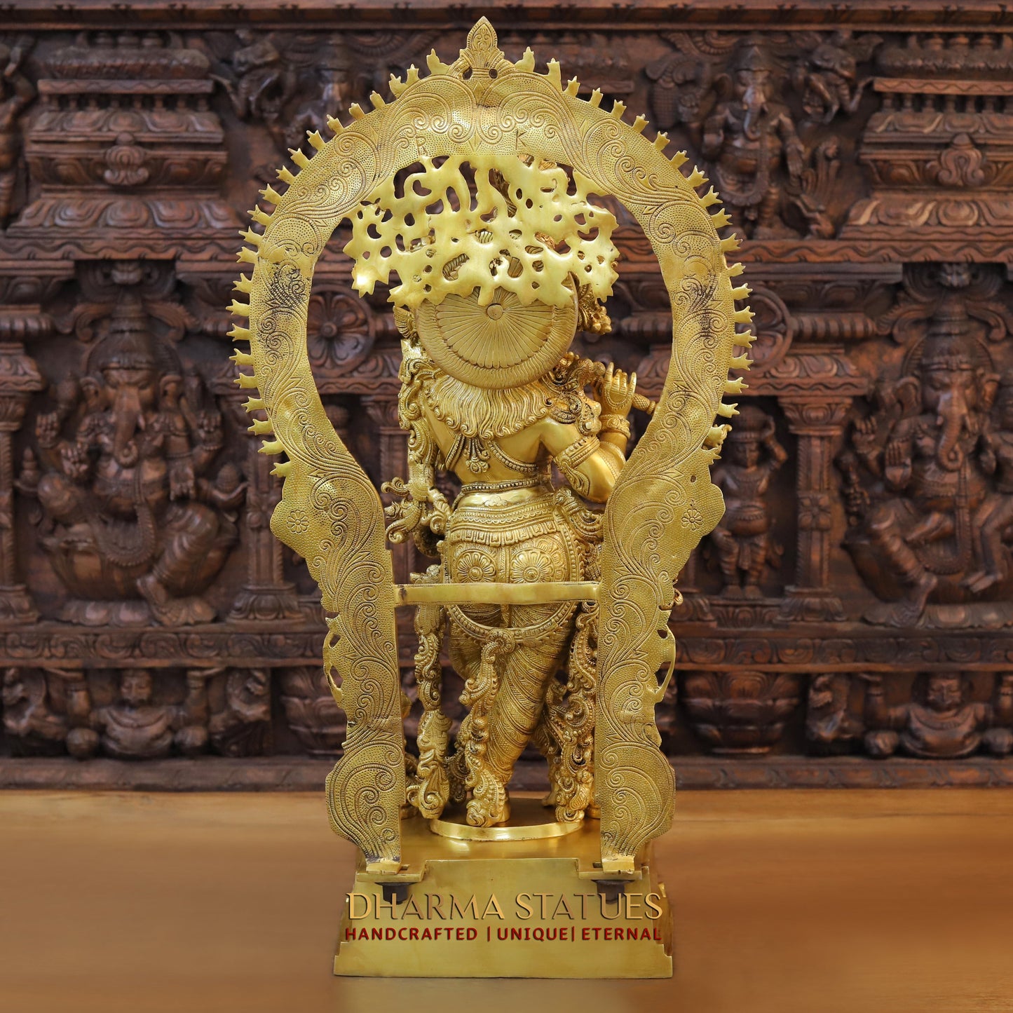 Brass Krishna standing behind Frame, Fine Golden Finish, 32"