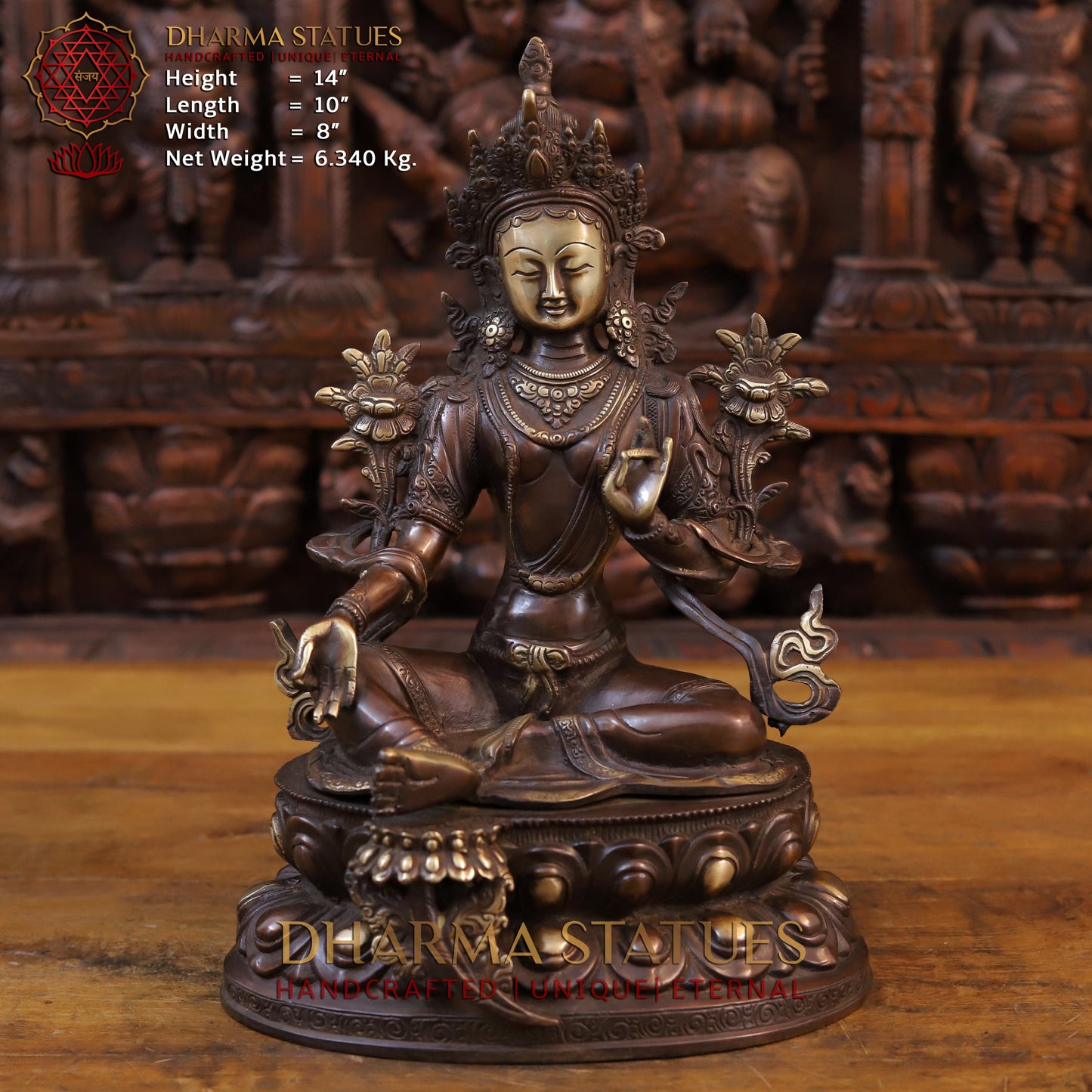 Brass Tara Devi Statue, Seated on Lotus, Copper Finish 14"