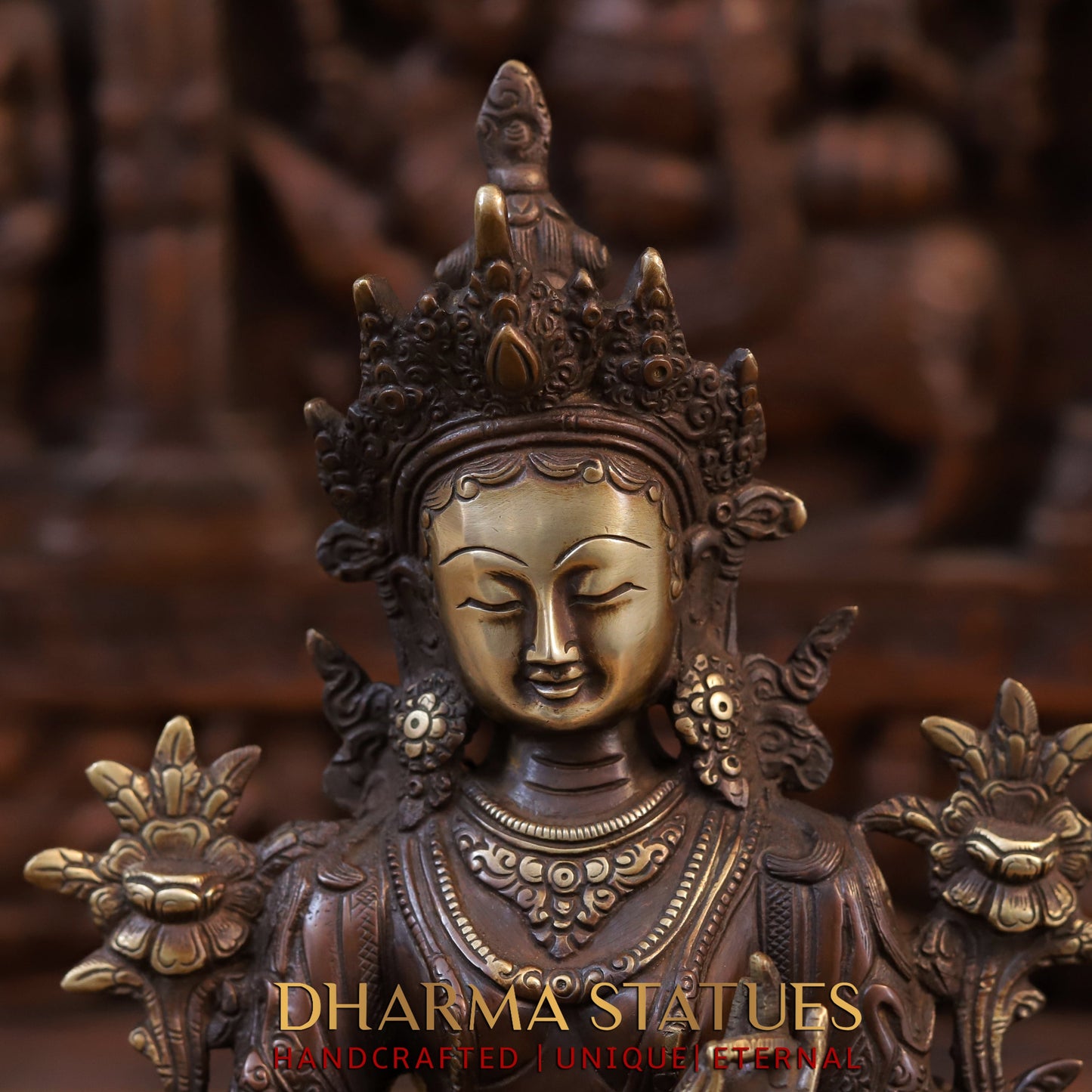 Brass Tara Devi Statue, Seated on Lotus, Copper Finish 14"