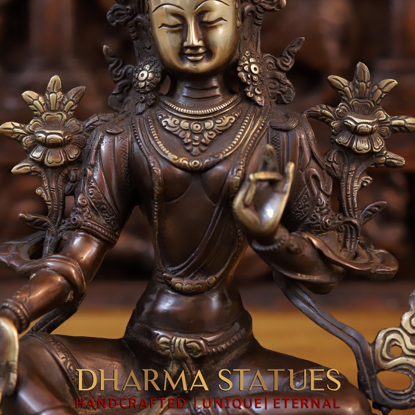 Brass Tara Devi Statue, Seated on Lotus, Copper Finish 14"