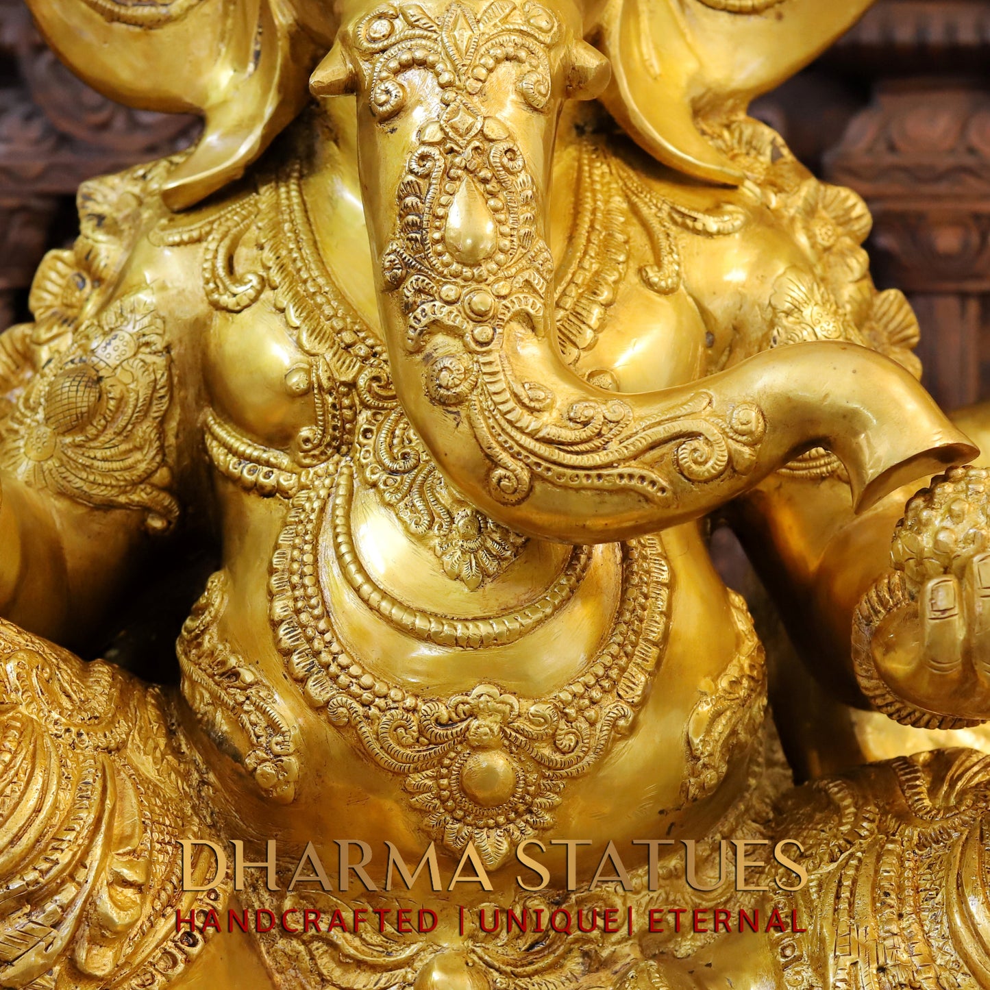 Brass Ganesh seated on Base, Blessing Posture, Fine Golden Finish, 32"