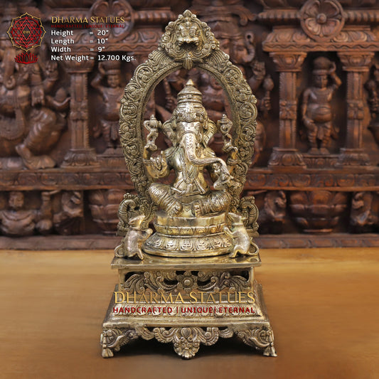 Brass Ganesh seated on Throne, Golden Finish, 20"