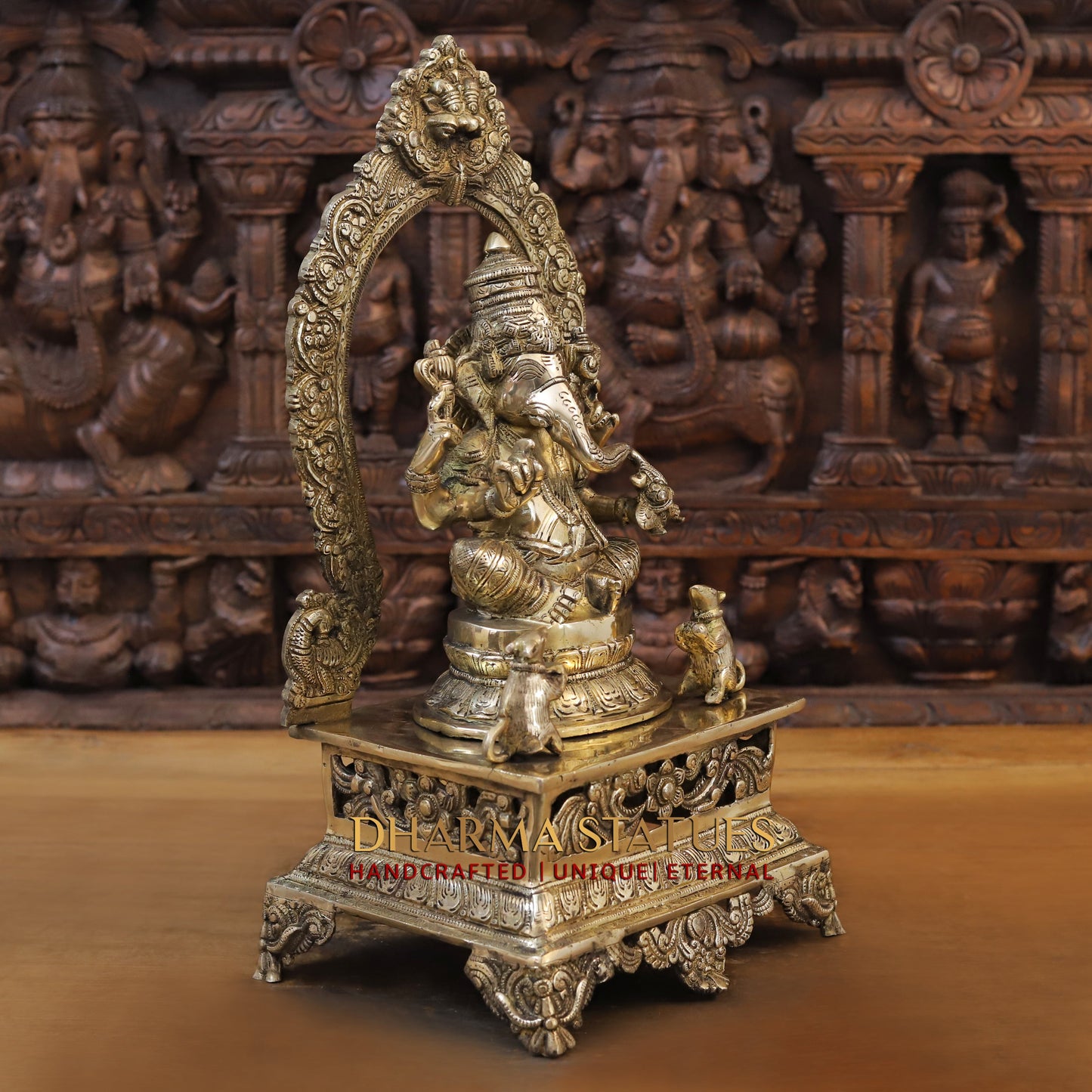 Brass Ganesh seated on Throne, Golden Finish, 20"