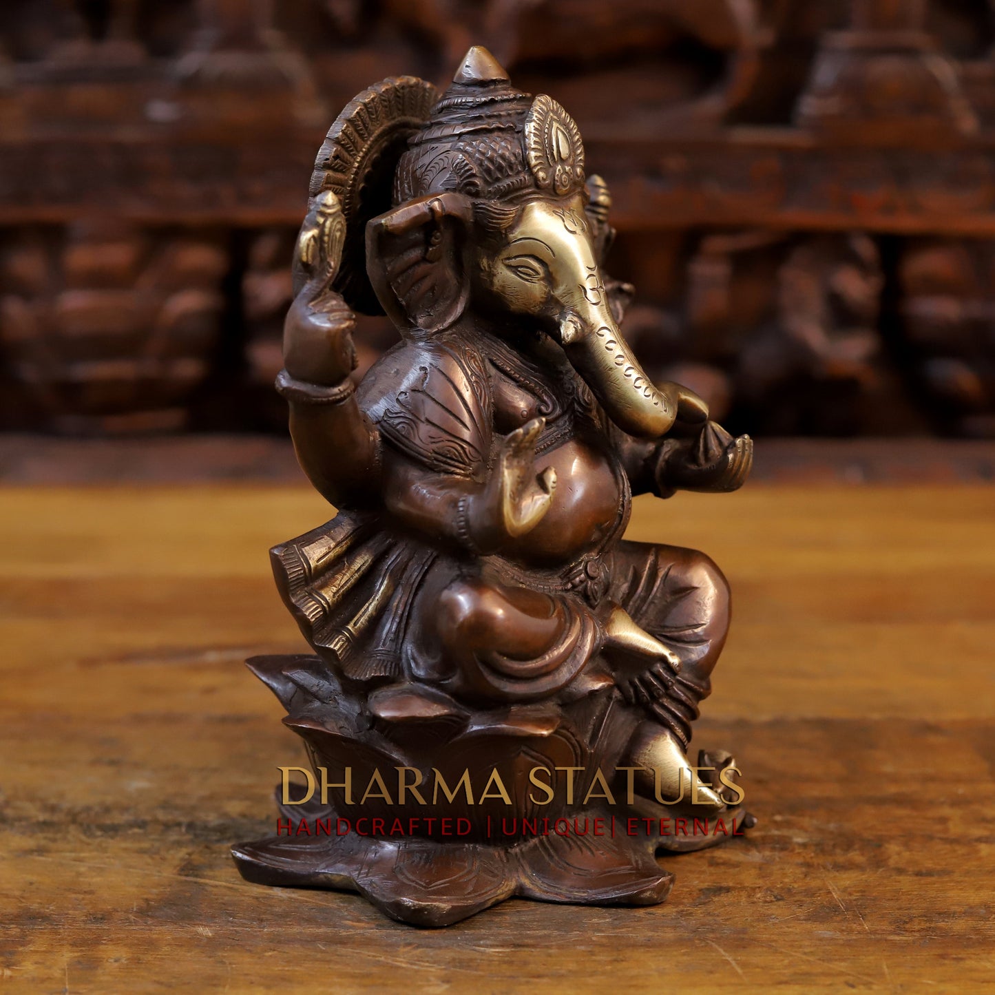 Brass Ganesh Seated on lotus, Copper & Gold Finish, 9"