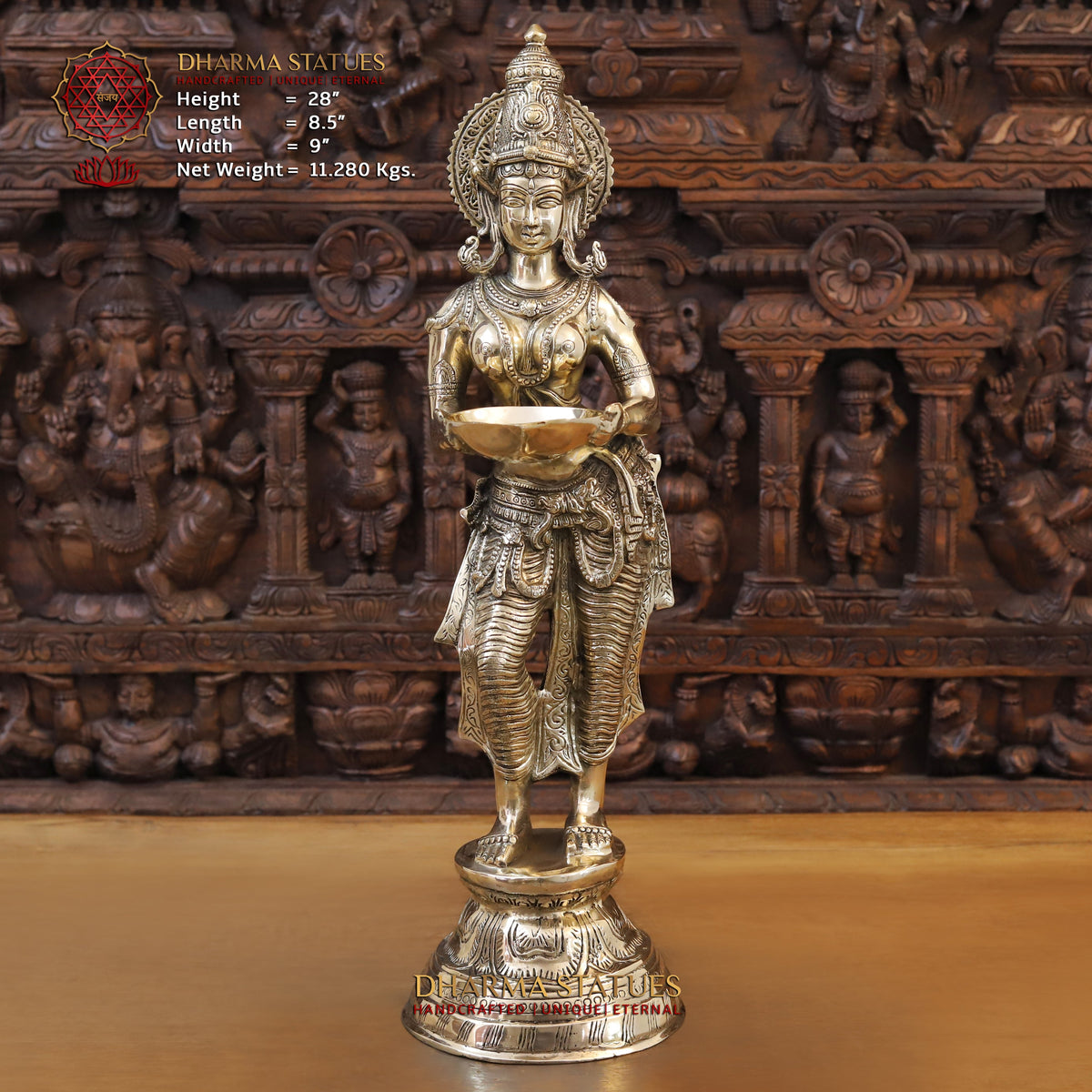 Brass Deep Lakshmi standing with lamp, Golden Finish, 28"