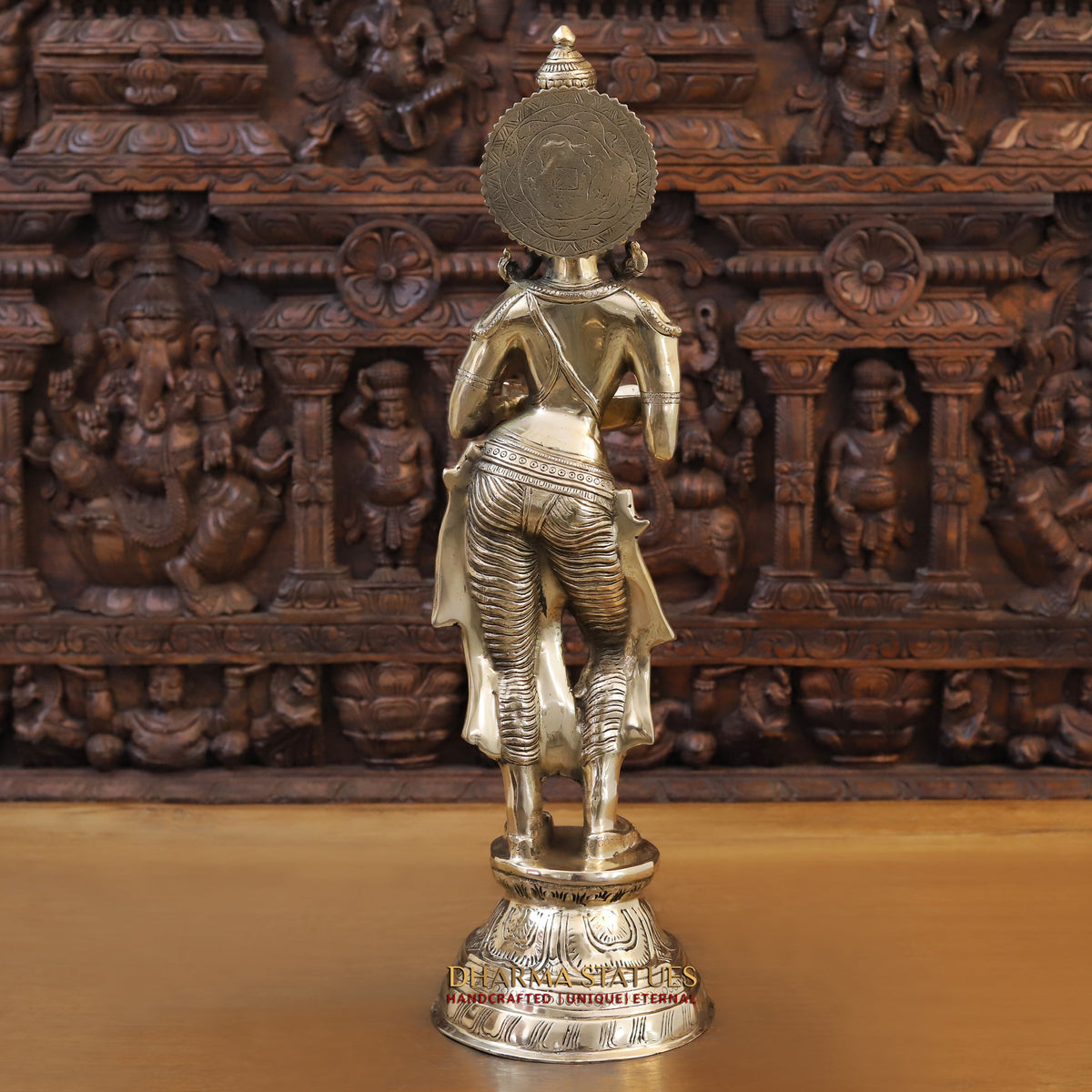 Brass Deep Lakshmi standing with lamp, Golden Finish, 28"