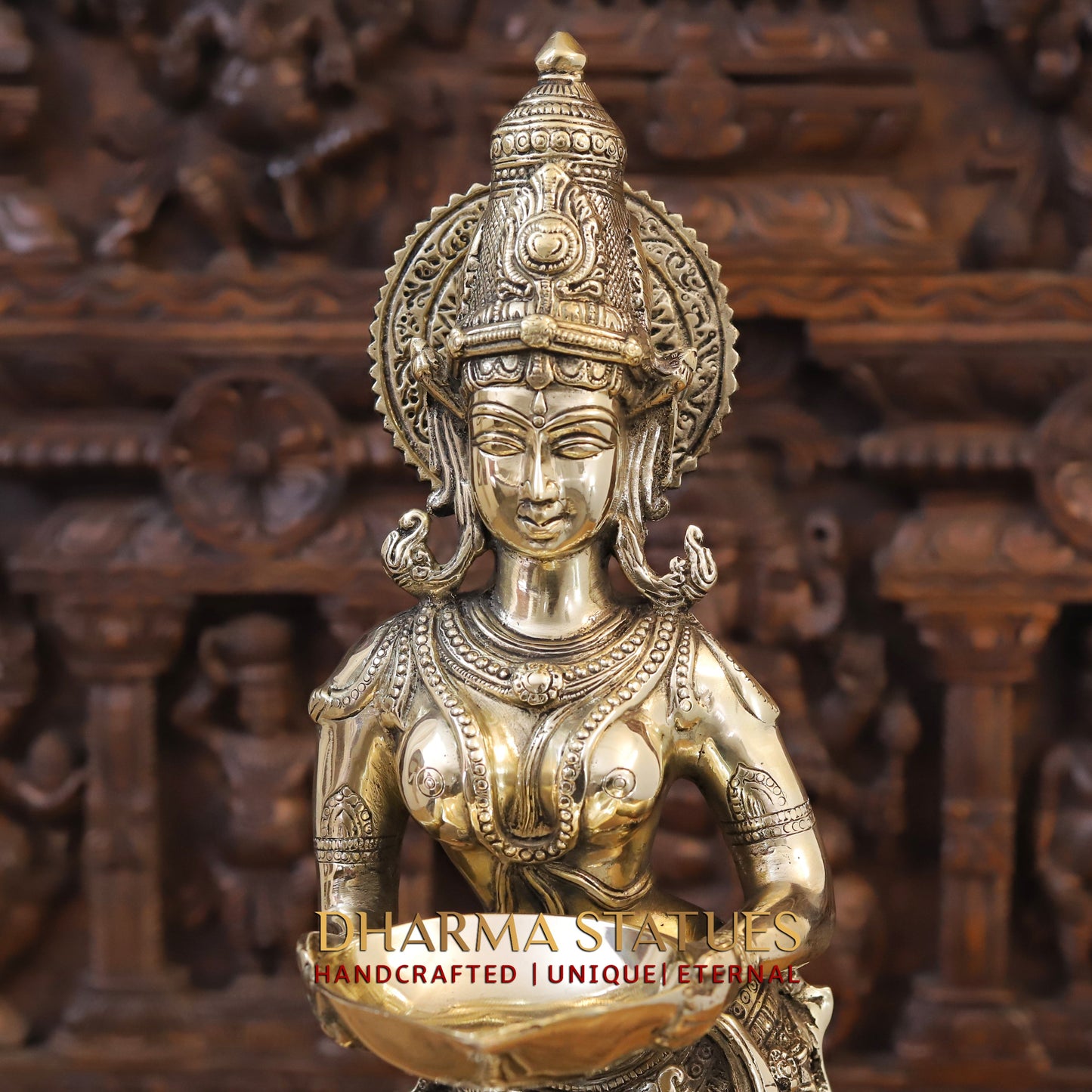 Brass Lakshmi standing with lamp, Golden Finish, 28"
