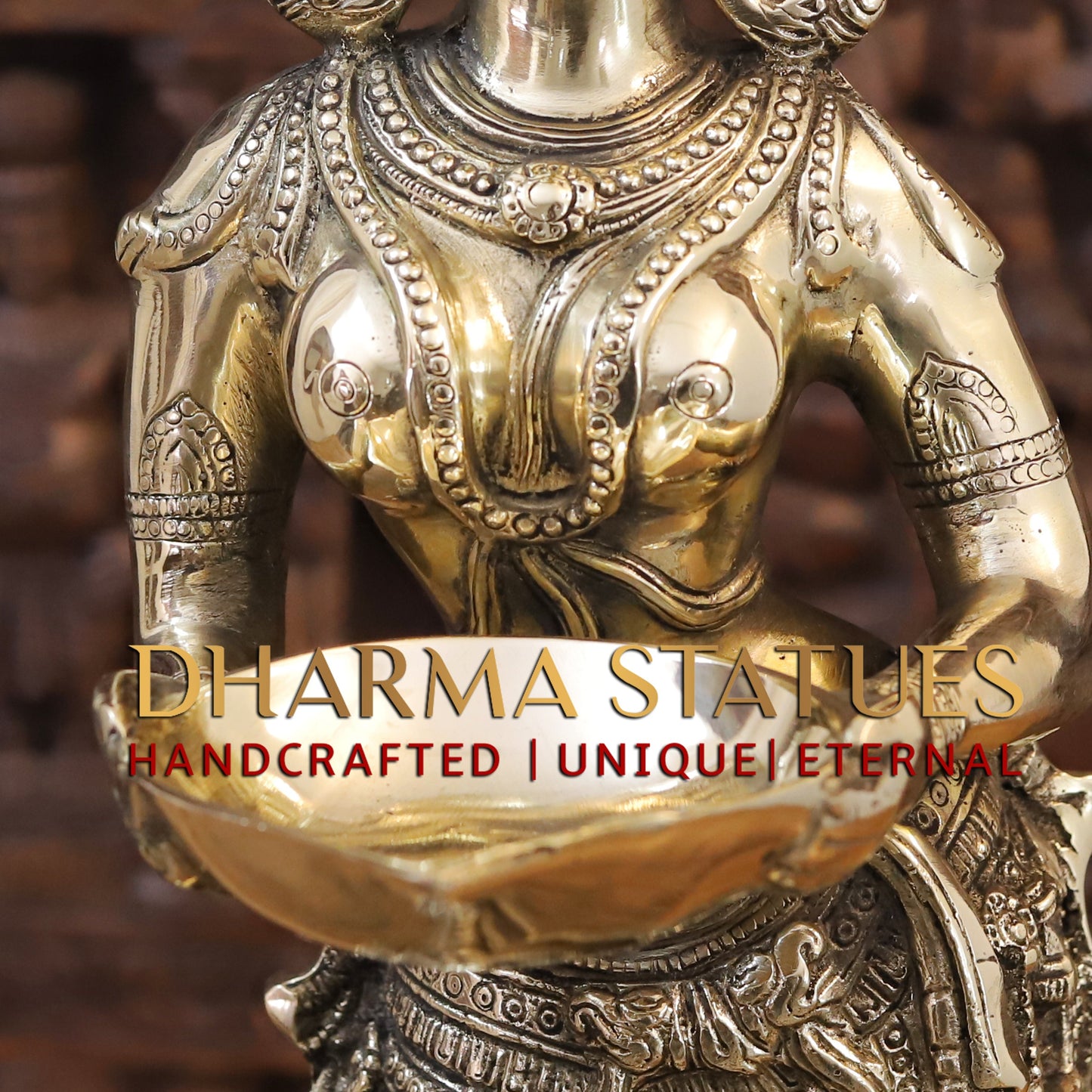 Brass Lakshmi standing with lamp, Golden Finish, 28"