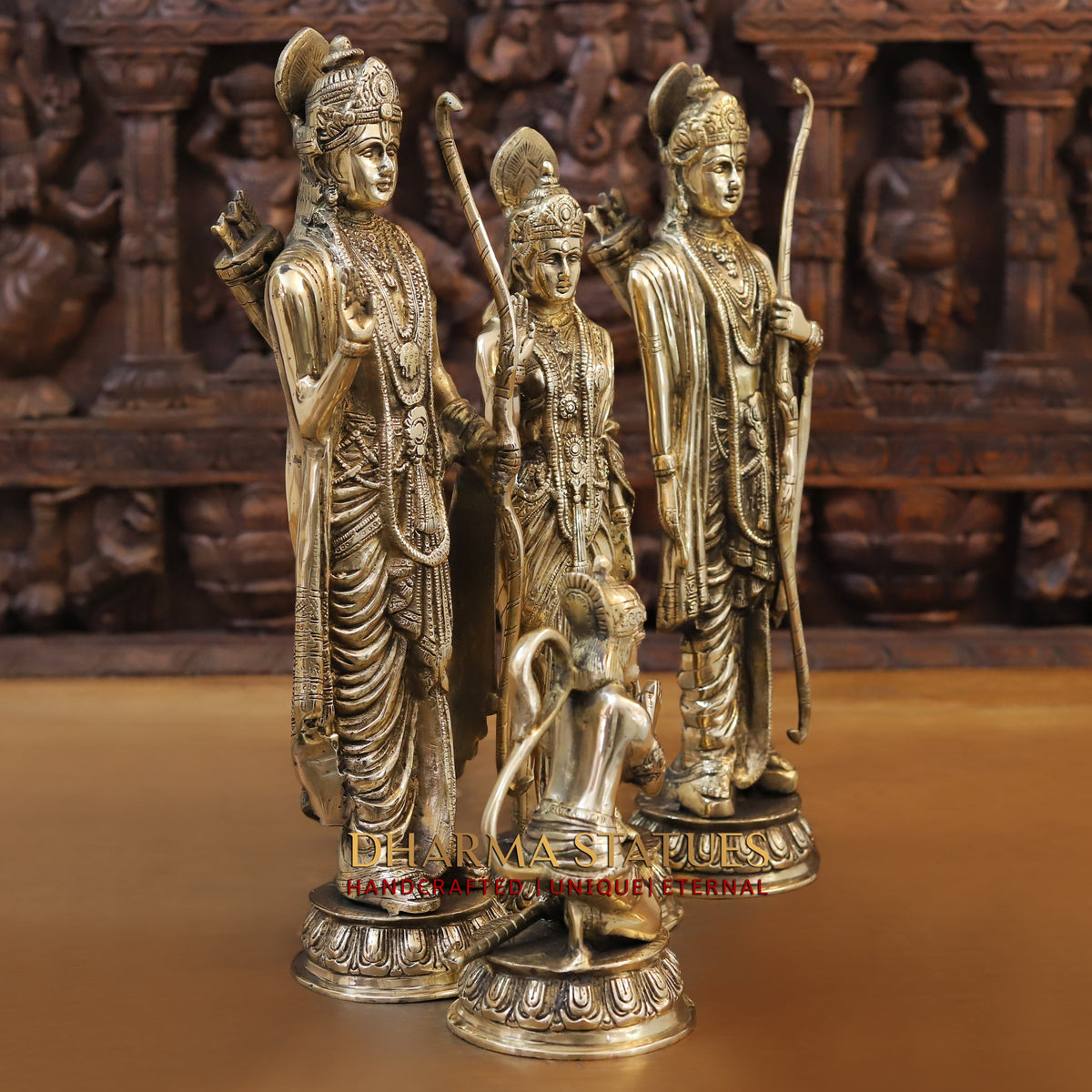 Brass Ram Darbar - Lord Ram, Sita and Laxman With Hanuman seated, Golden Finish, 17"