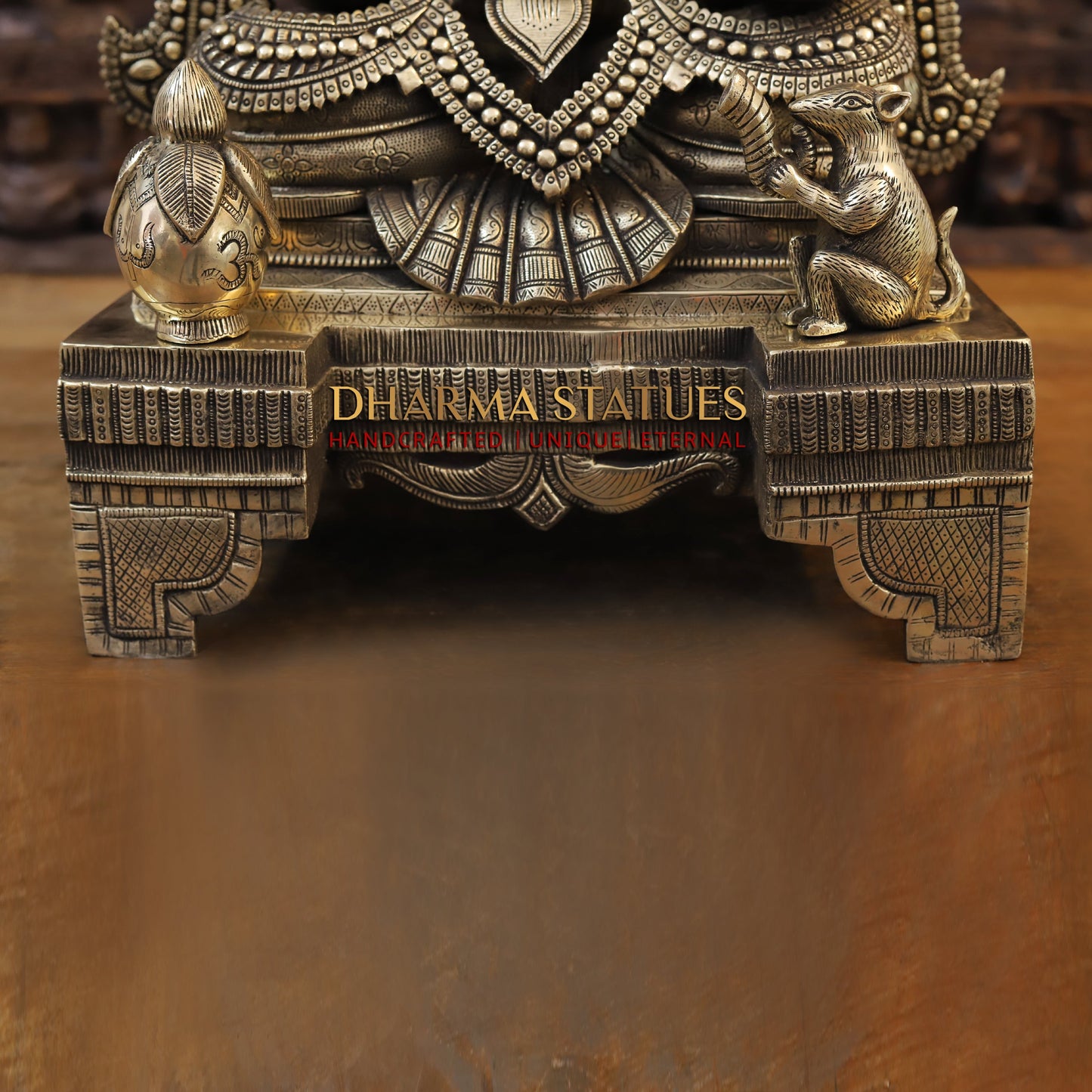 Brass Ganesh seated on Chowki, Golden Finish, 27"