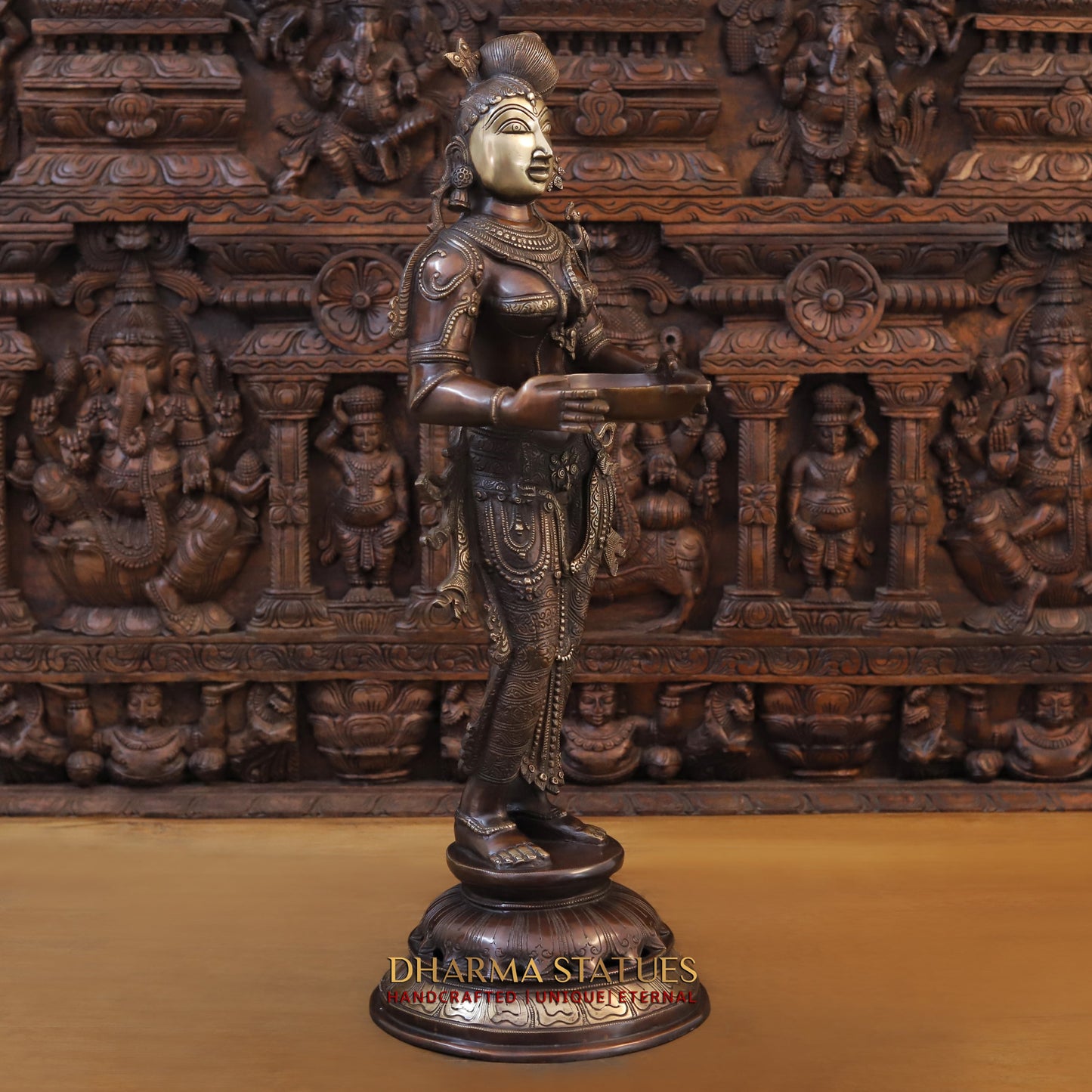 Brass Deeplakshmi holding Lamp, Copper & Golden Finish, 30"