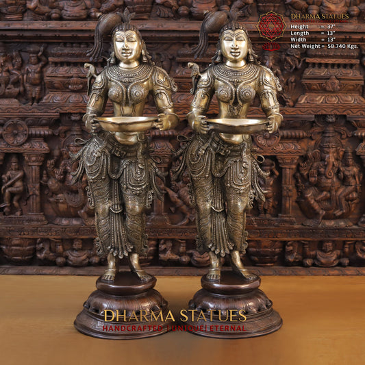 Brass Deeplakshmi holding Lamp, Copper & Golden Finish, 37"