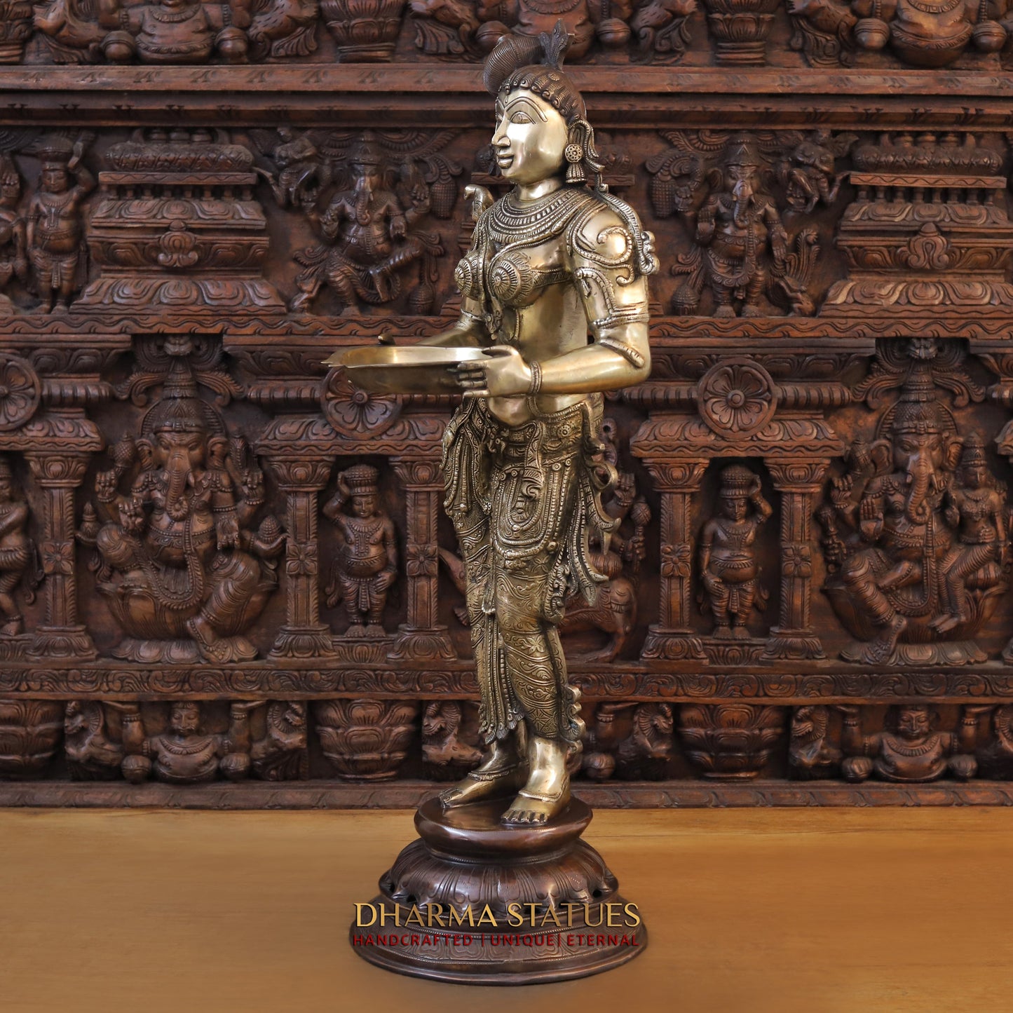 Brass Deeplakshmi holding Lamp, Copper & Golden Finish, 37"