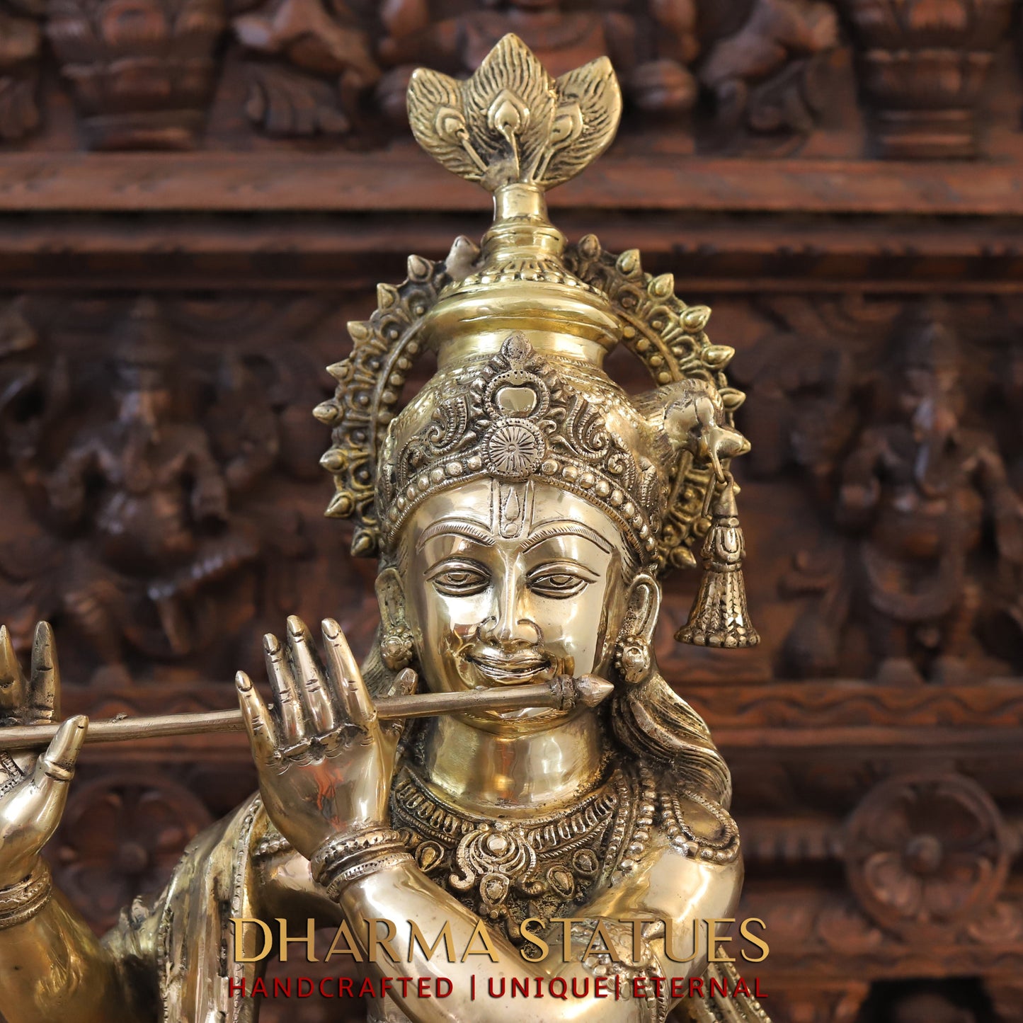 Brass Krishna Playing Flute, Fine Golden Finish, 36.5"