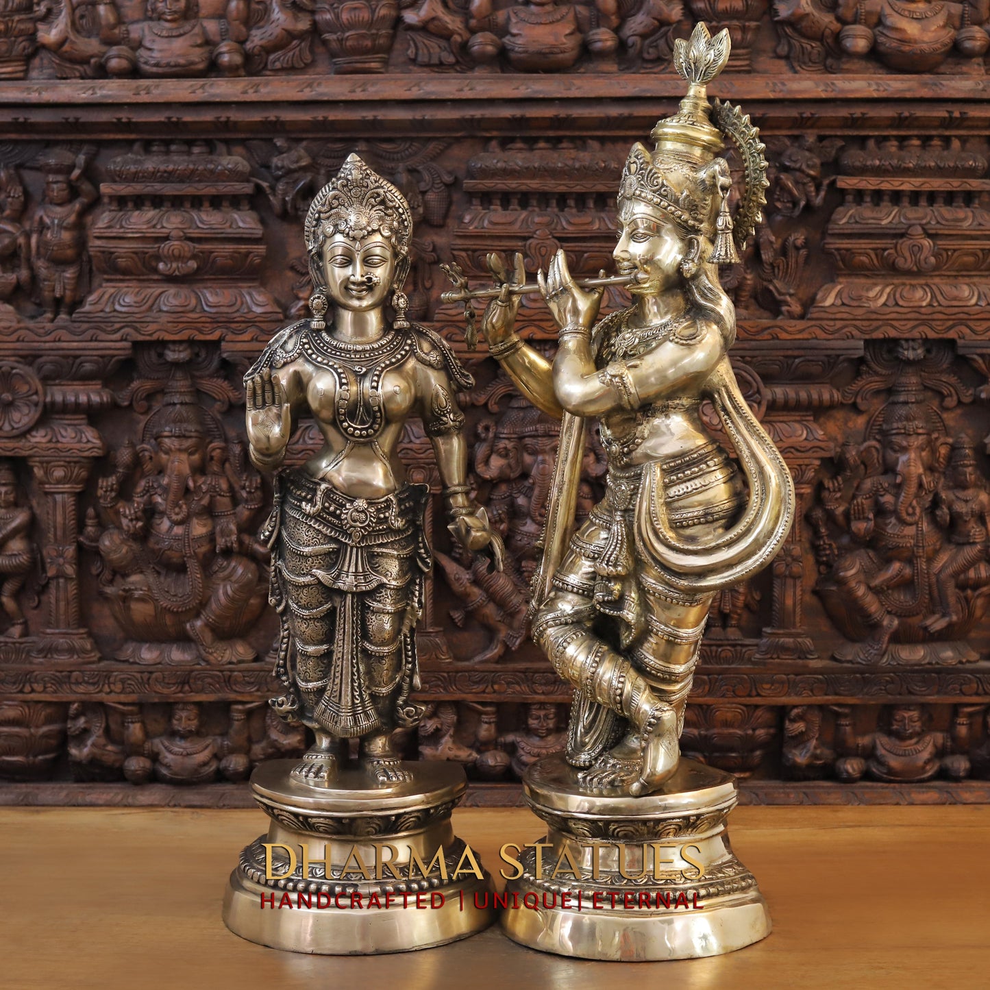 Brass Radha & Krishna Playing Flute, Fine Golden Finish, 36.5"
