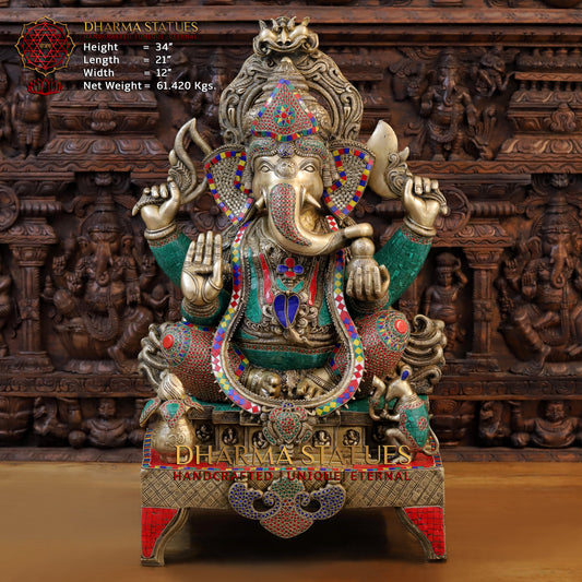 Brass Ganesh Idol, Blessing Ganesha Seated on Chowki, Fine Golden and Stone work 34"
