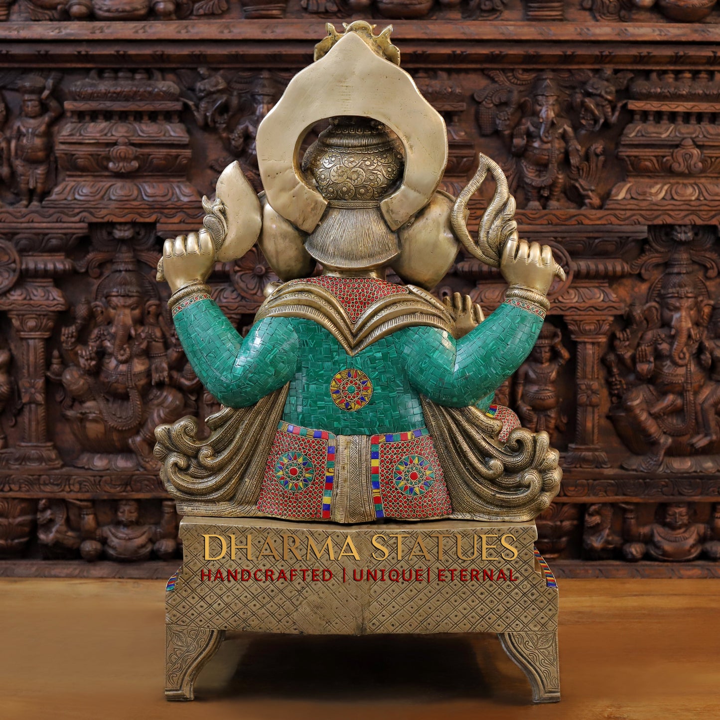 Brass Ganesh Seated on Chowki Base With kalash And Musical Rat, Fine Golden and Stone work 34