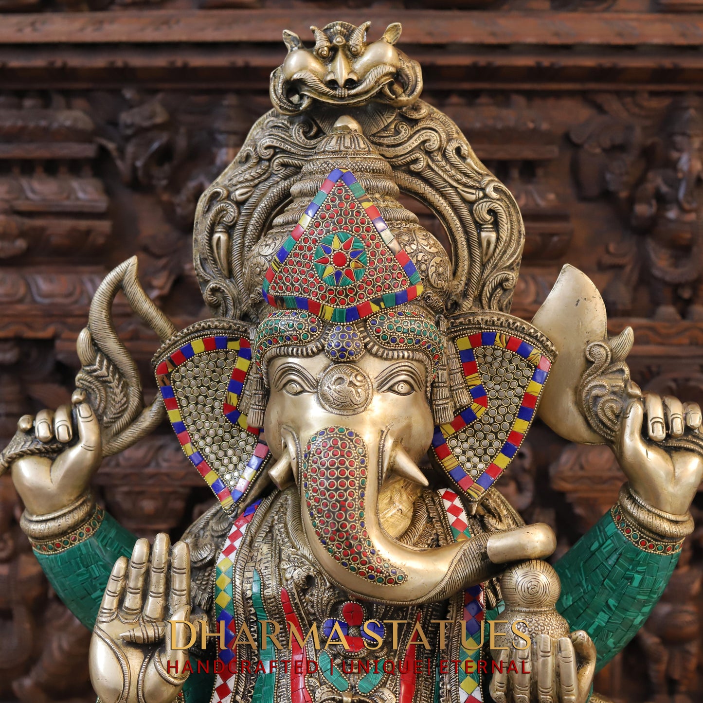 Brass Ganesh Seated on Chowki Base With kalash And Musical Rat, Fine Golden and Stone work 34