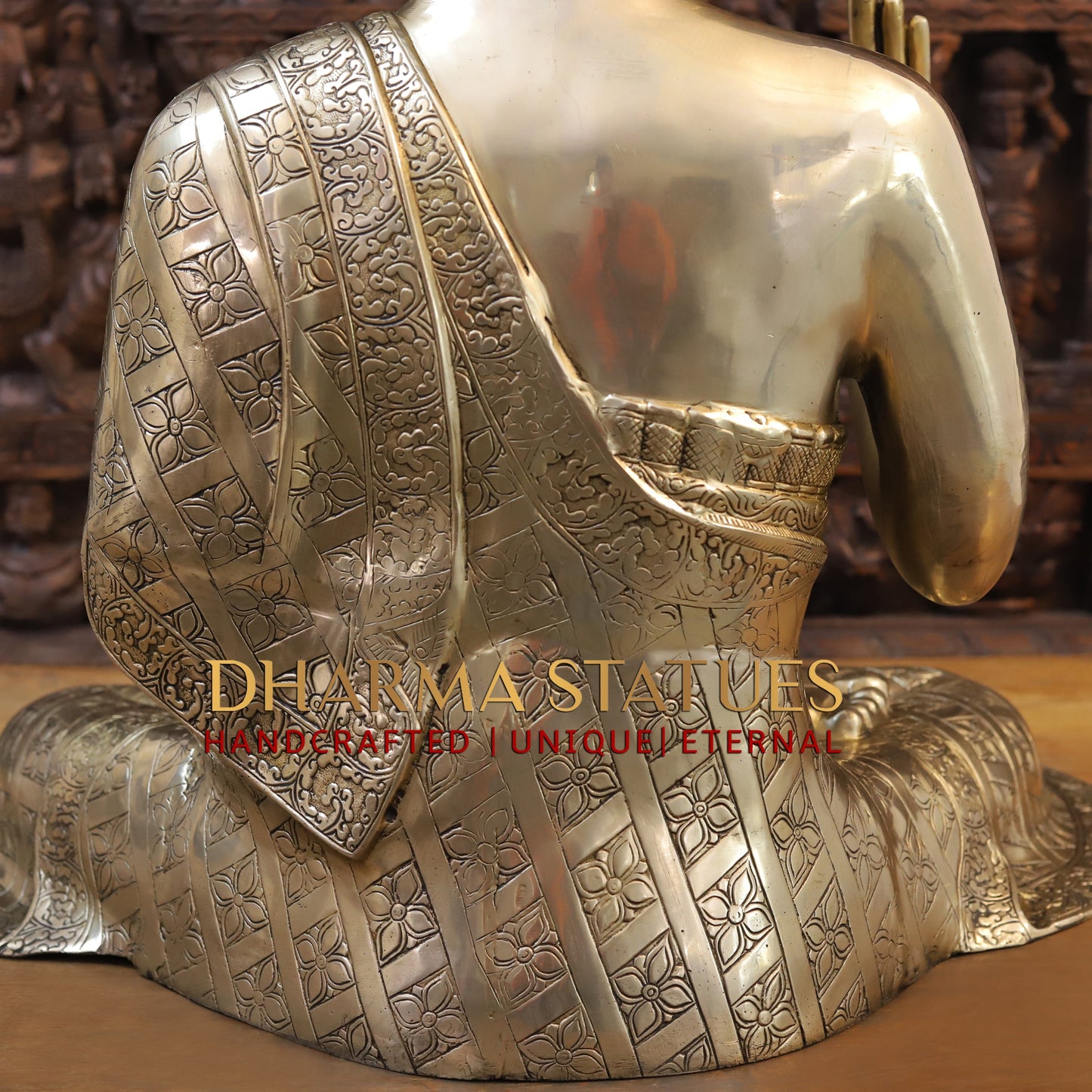 Brass Buddha seated in Blessing Posture, Golden Finish, 29.5"