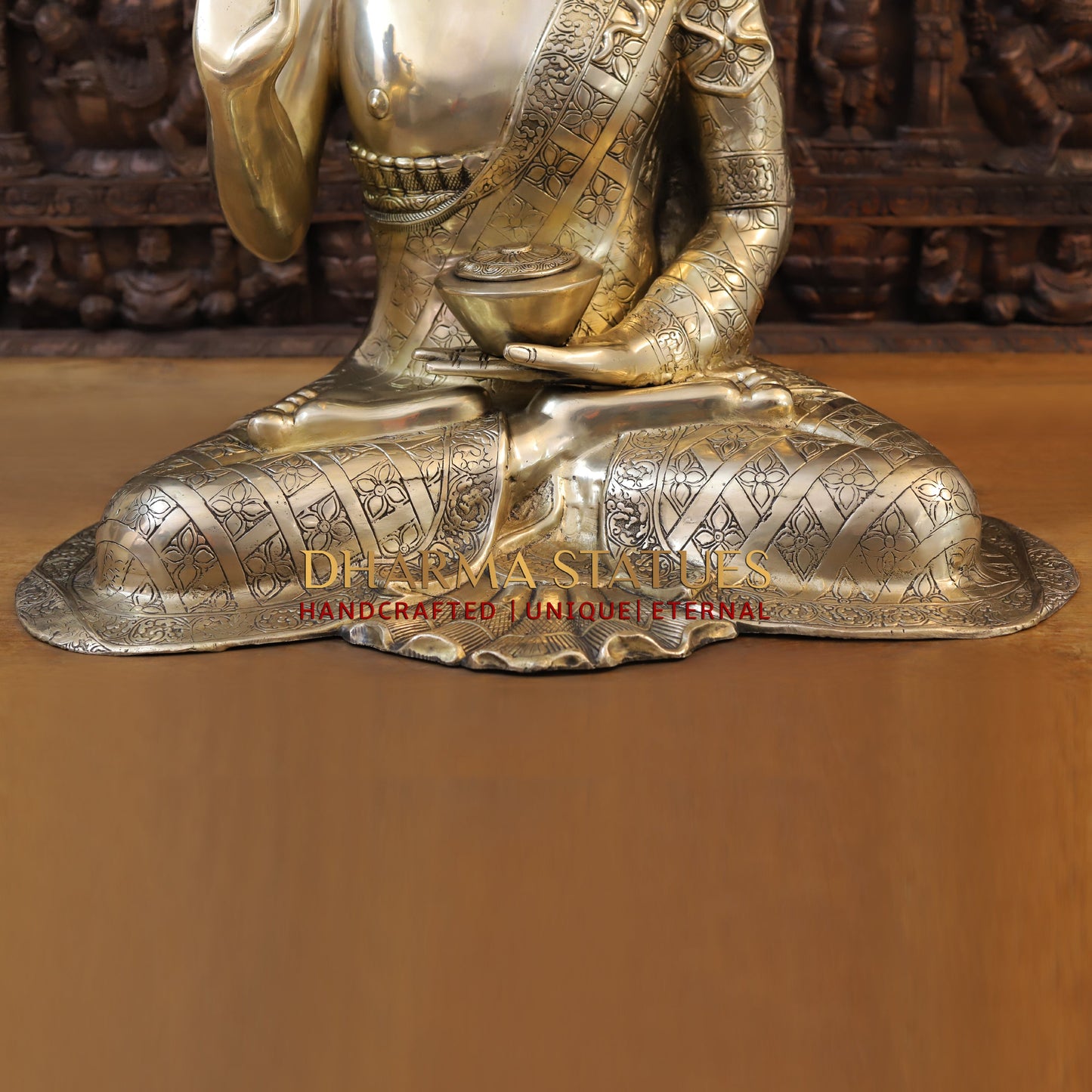 Brass Buddha seated in Blessing Posture, Golden Finish, 29.5"