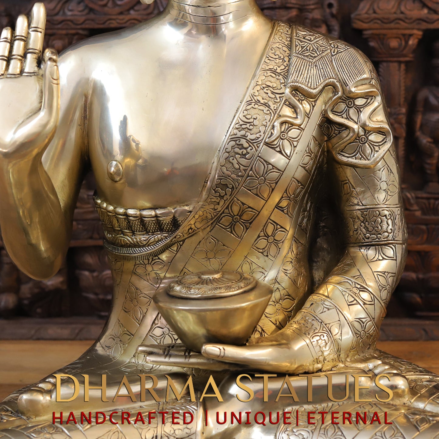 Brass Buddha seated in Blessing Posture, Golden Finish, 29.5"