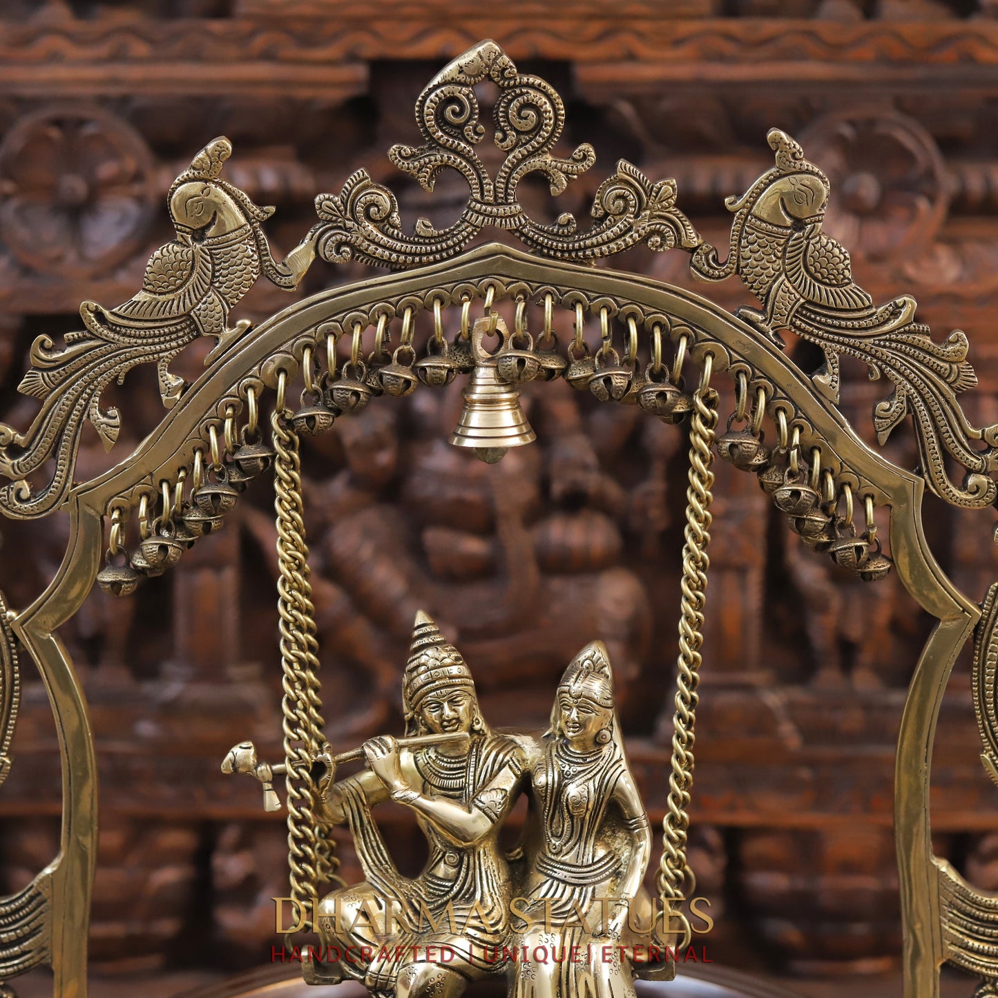 Brass Radhe Krishna Statue with Peacock Urli, Copper & Gold Finish, 23"
