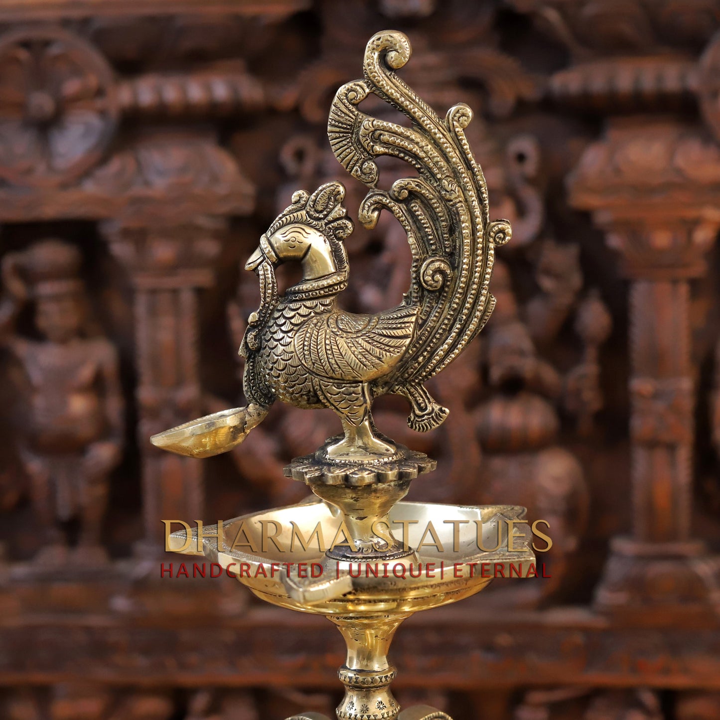 Brass Oil Lamp with Peacock, Fine Golden Finish, 22"