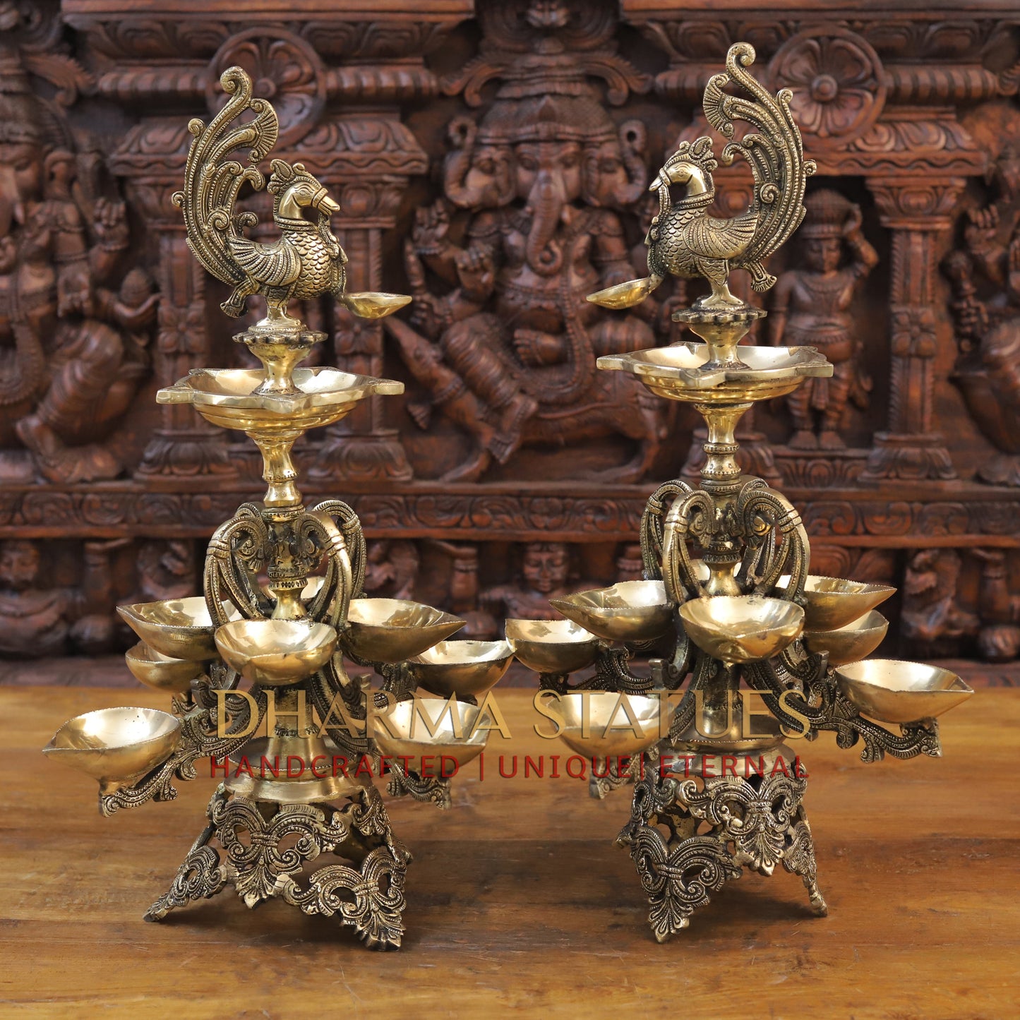 Brass Oil Lamp with Peacock, Fine Golden Finish, 22"