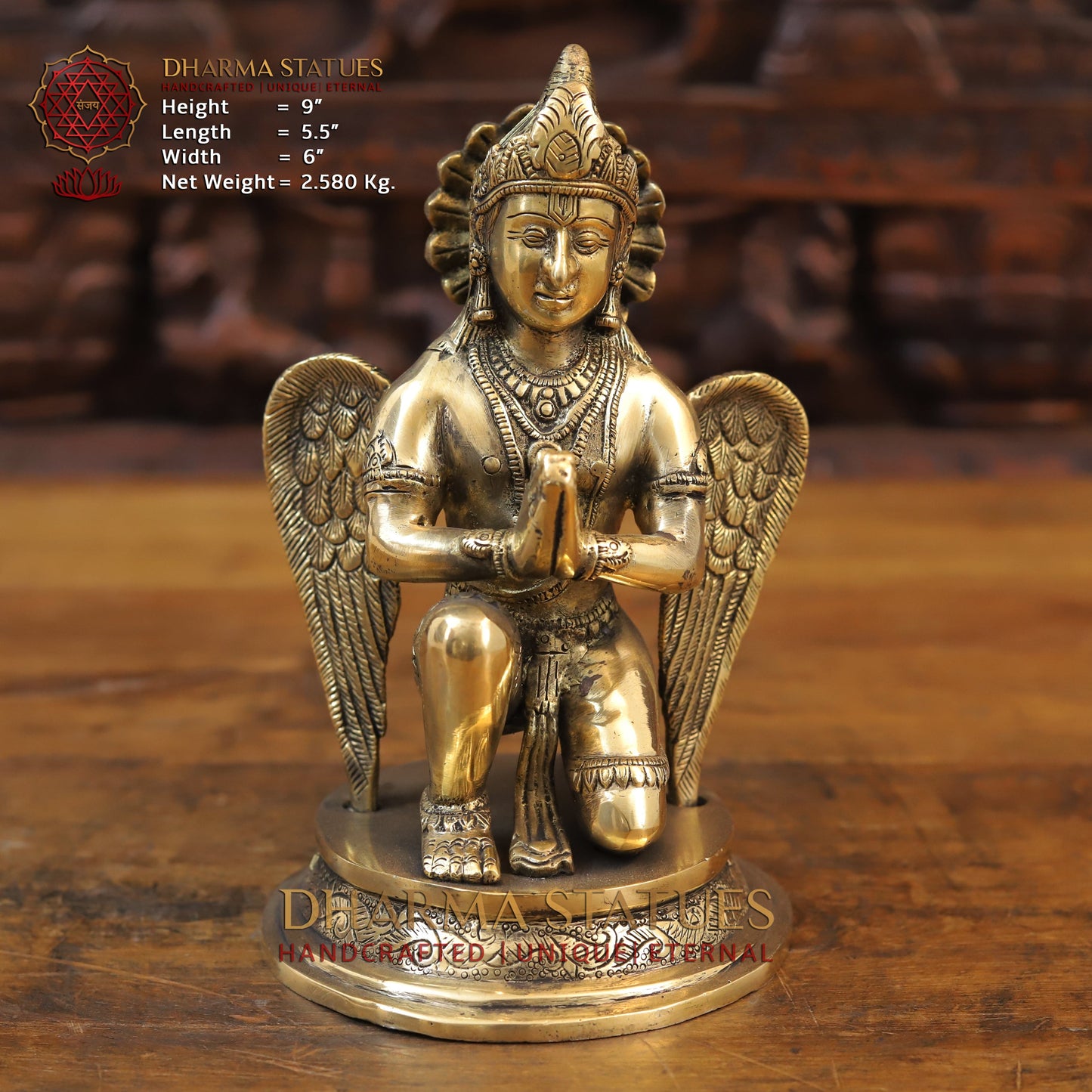 Brass Garuda Seated on Round Base, Golden Finish, 9"
