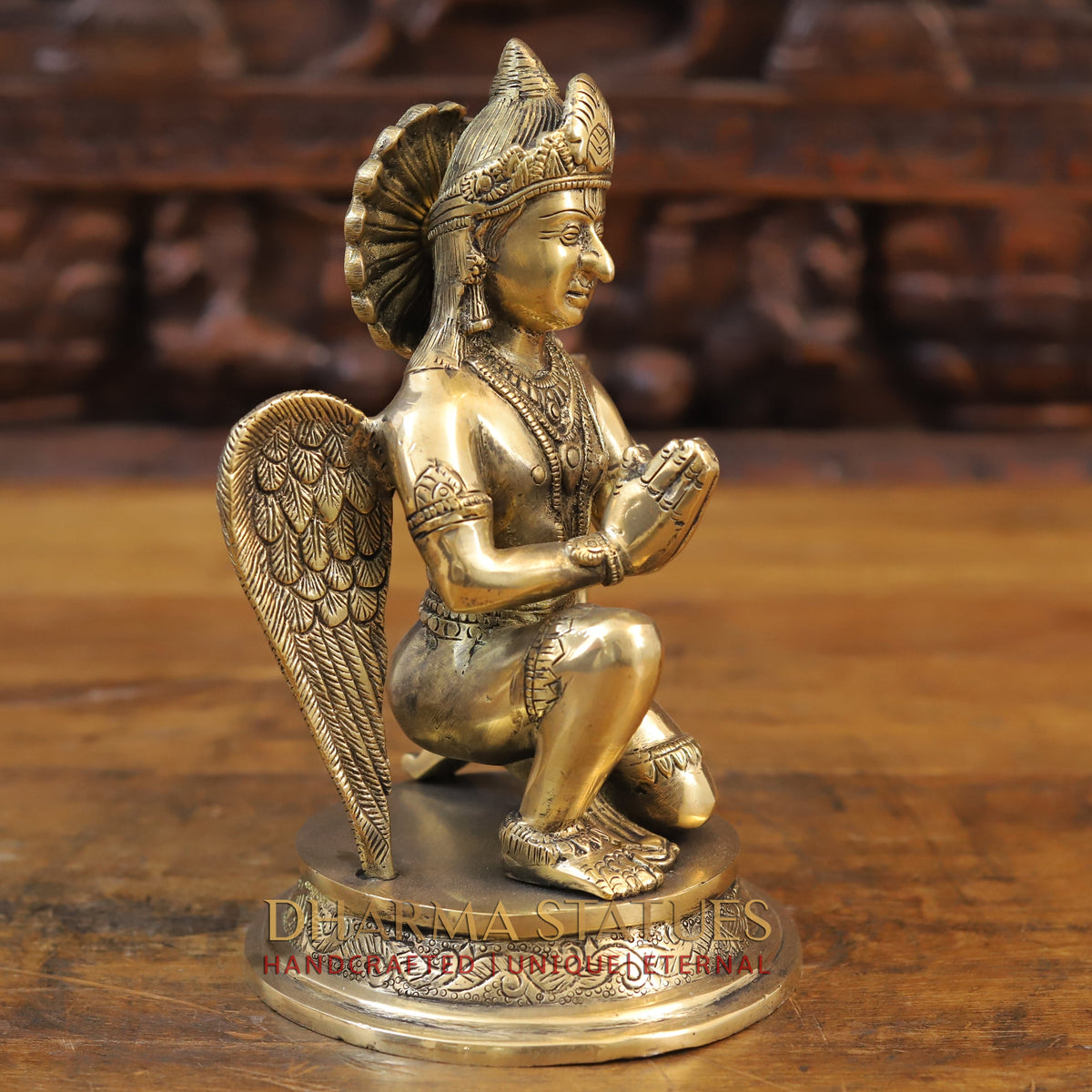 Brass Garuda Seated on Round Base, Golden Finish, 9"