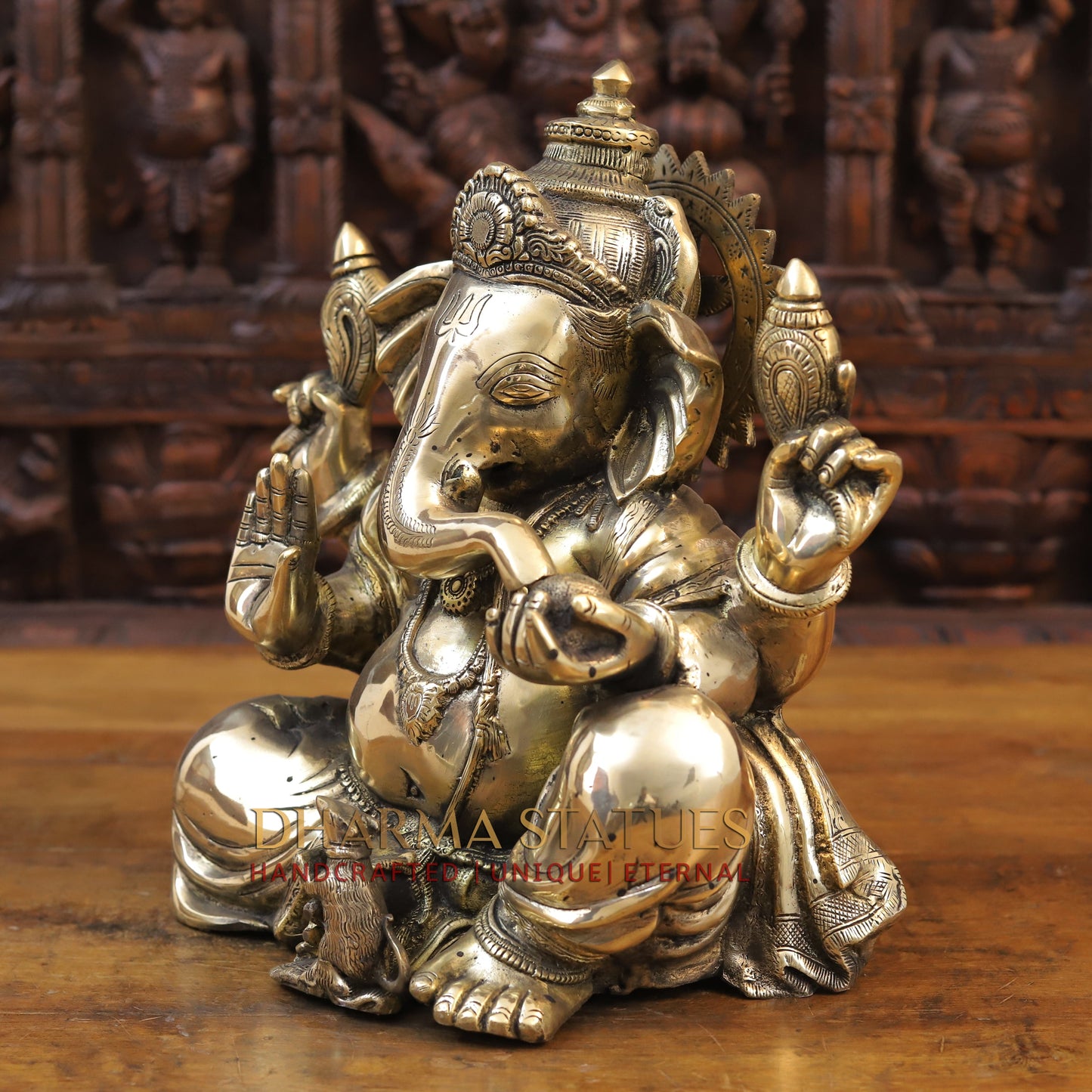 Brass Ganesh seated with tilted neck, Golden Finish, 13.5"
