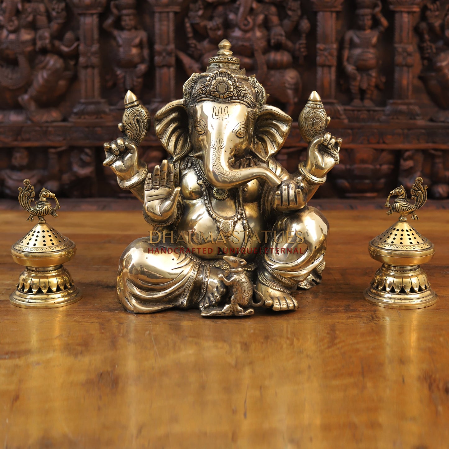 Brass Ganesh seated with tilted neck, Golden Finish, 13.5"