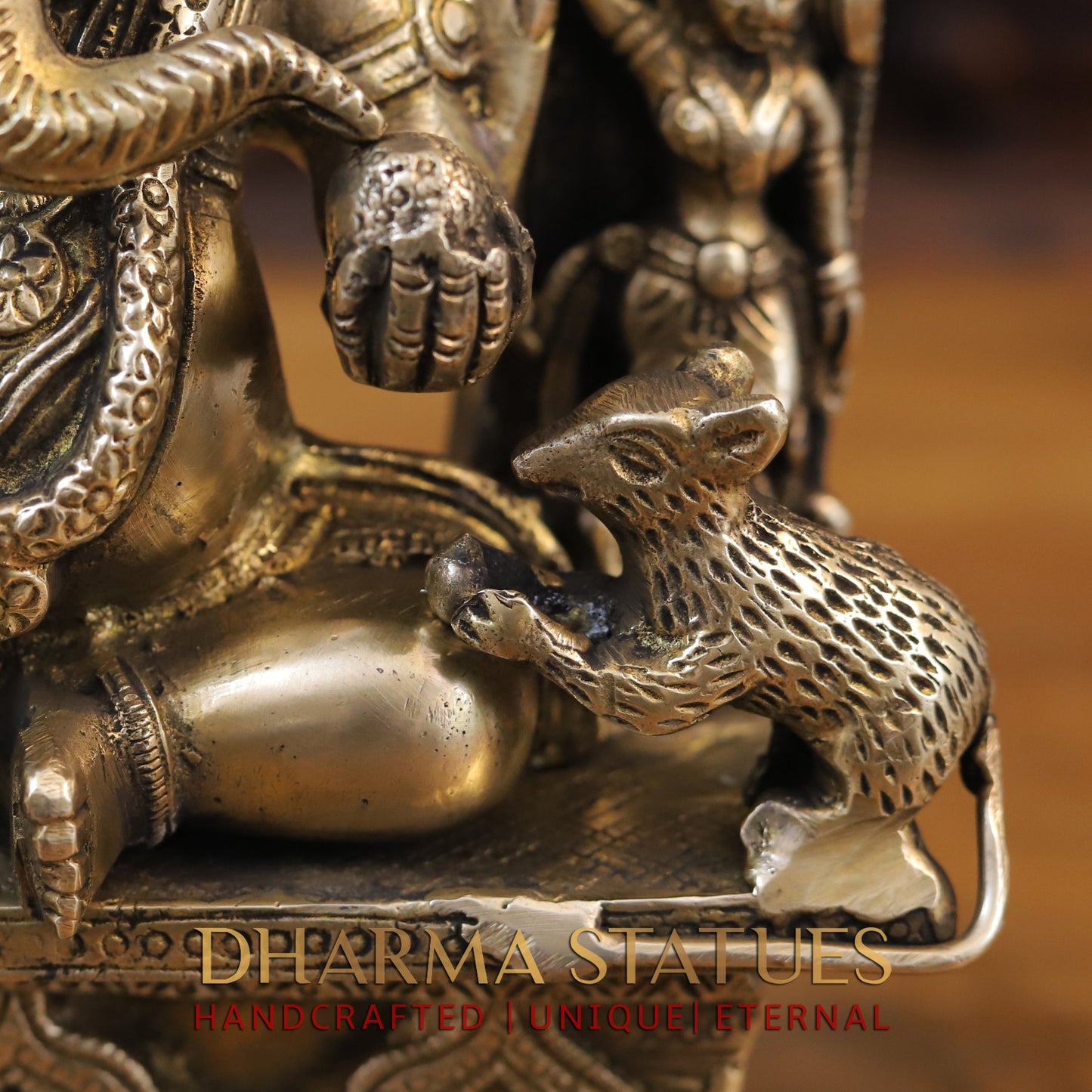 Brass Ganesh Statue Seated on Pedestal, Golden Finish, 14"