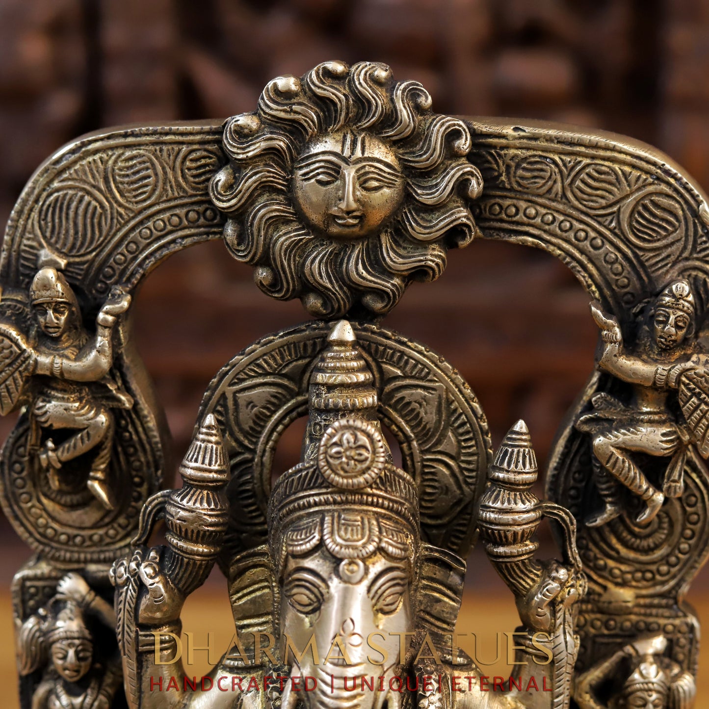 Brass Ganesh Statue Seated on Pedestal, Golden Finish, 14"