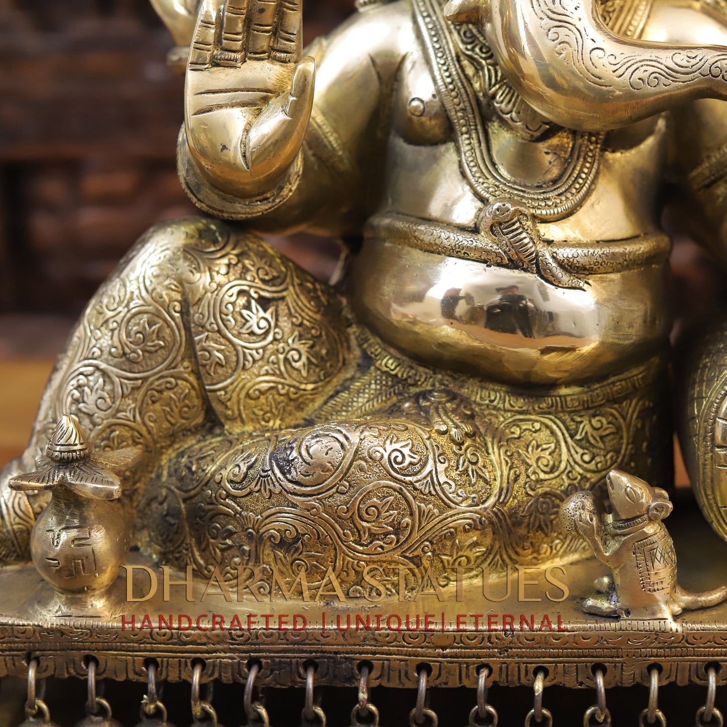 Brass Ganesh seated on Chowki, Golden Finish, 16"
