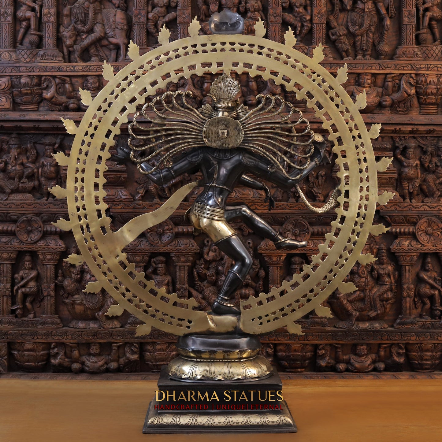 Brass Nataraja Statue with Frame, Black Patina & Golden Finish, 47"
