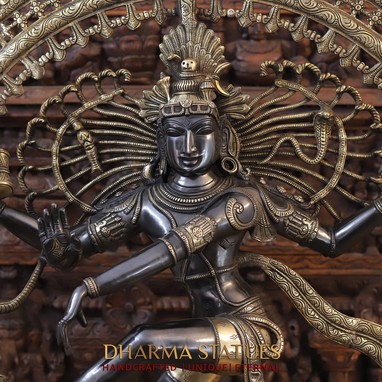 Brass Nataraja Statue with Frame, Black Patina & Golden Finish, 47"