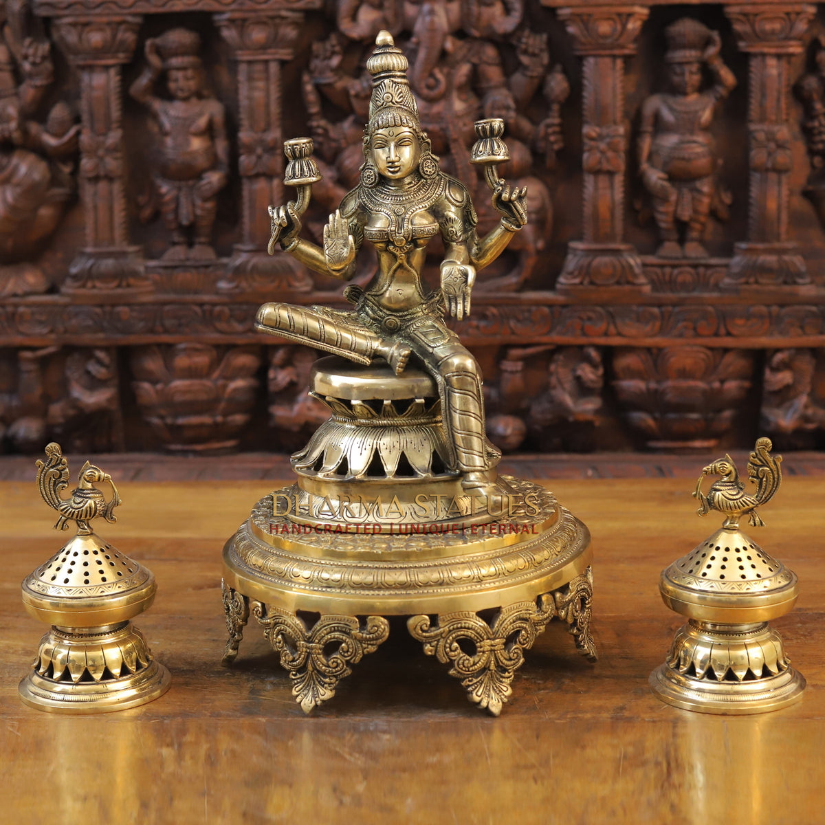 Brass Lakshmi Statue seated on Lotus, Golden Finish, 12.5"