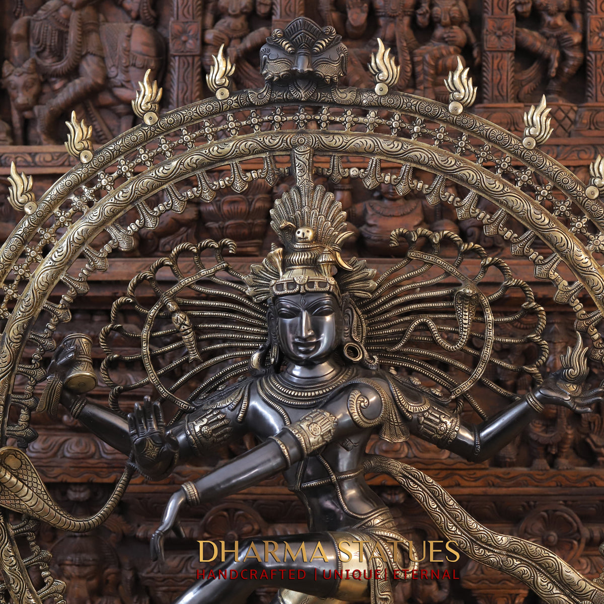 Brass Nataraja Statue with Frame, Black Patina & Golden Finish, 47"
