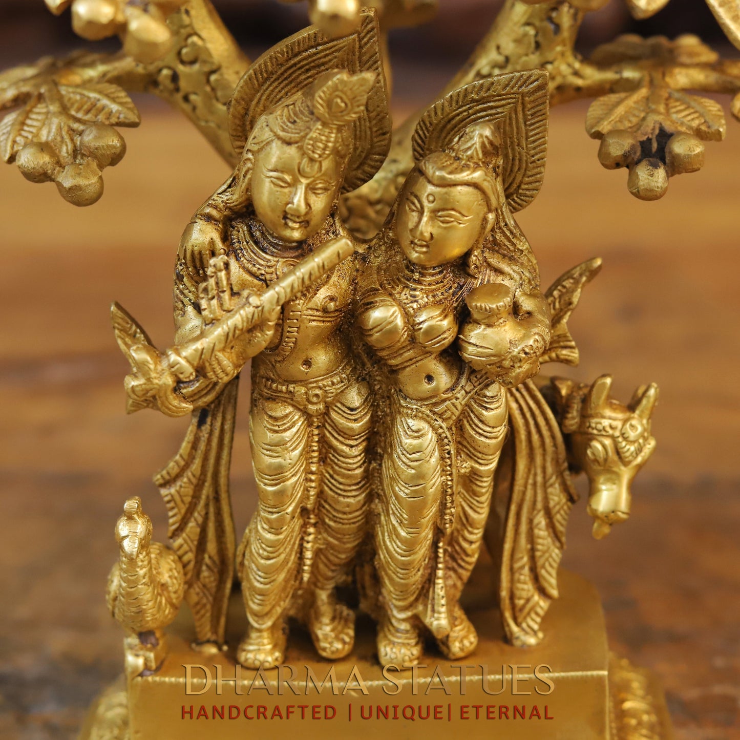 Brass Krishna Radha With Cow Under Tree, Golden Finish, 10"