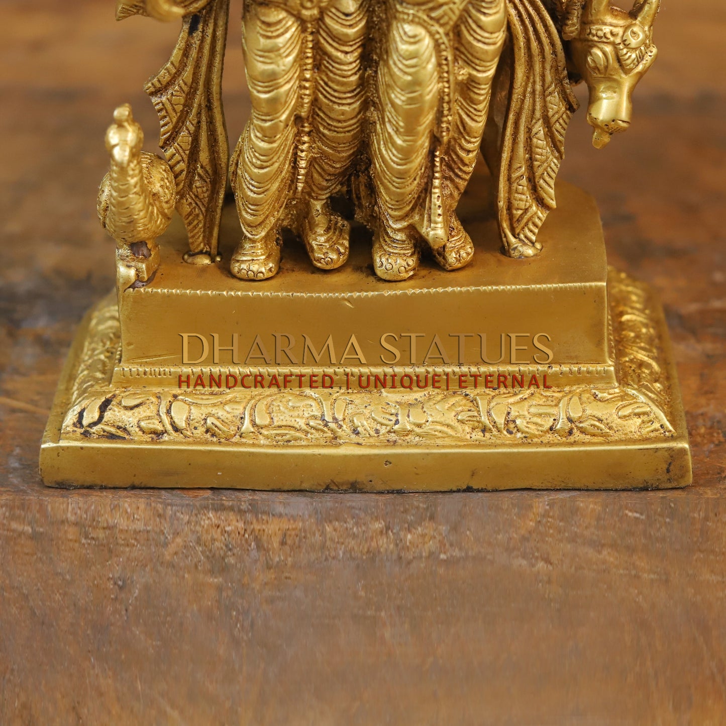 Brass Krishna Radha With Cow Under Tree, Golden Finish, 10"