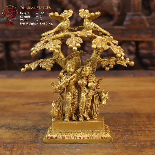 Brass Krishna Radha With Cow Under Tree, Golden Finish, 10"
