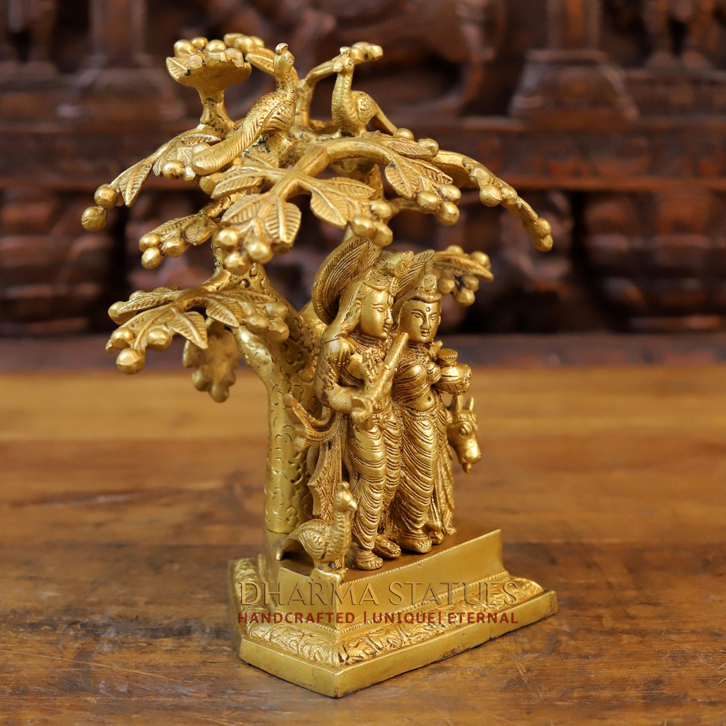 Brass Krishna Radha With Cow Under Tree, Golden Finish, 10"