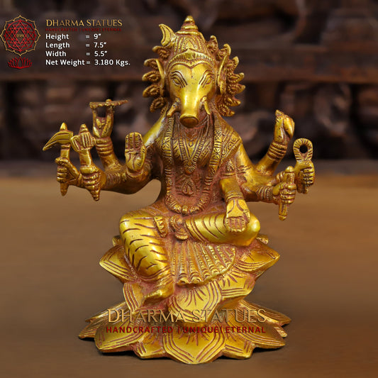 Brass Varahi Devi seated on Lotus, Fine Golden Finish, 9"