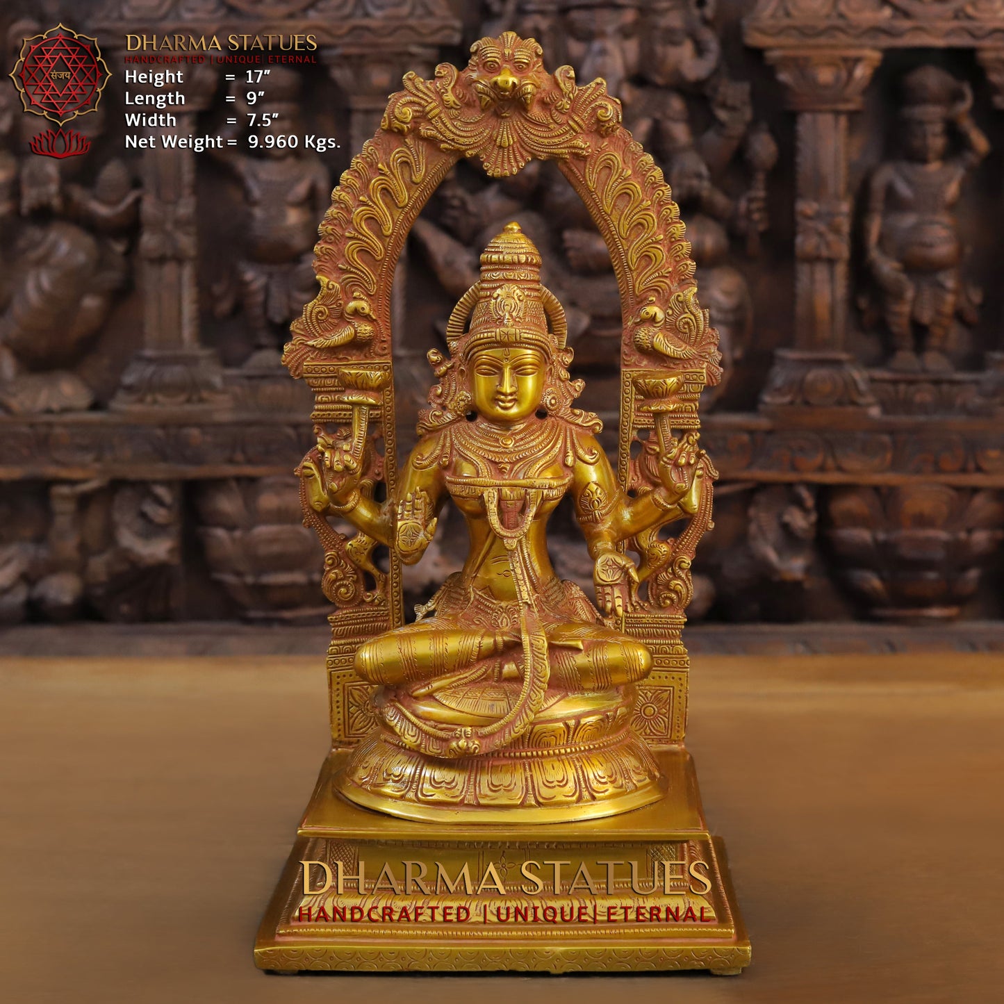 Brass Laxshmi seated on Pedestal with Frame, Fine Golden Finish, 17"